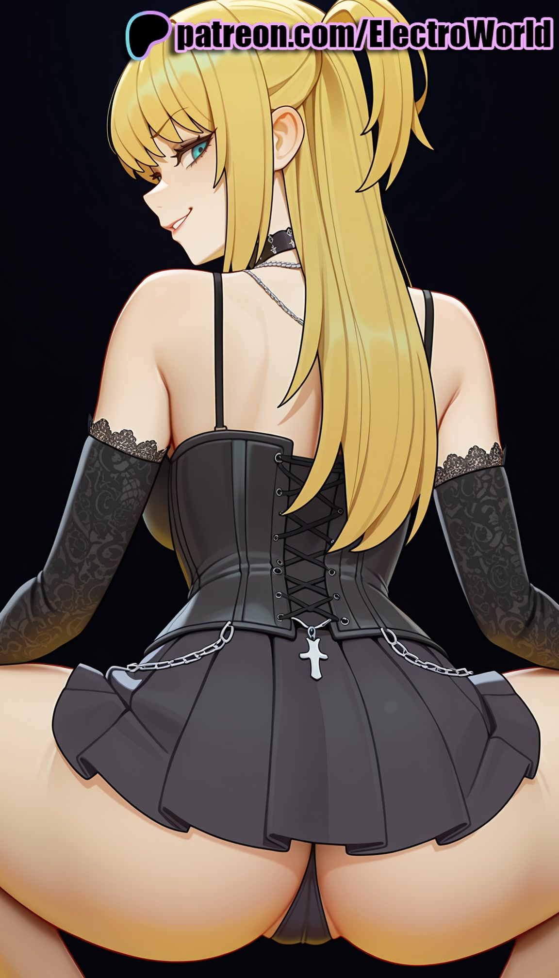 1girls, 2025, ai generated, artist name, ass, back, bangs, bare shoulders, black panties, blonde hair, death note, elbow gloves, electroworld, female, gloves, hi res, high quality, high resolution, highres, lace, lace trim, legs apart, legs spread, long hair, looking at viewer, misa amane, open legs, panties, patreon, patreon username, smile, splayed legs, spread legs, stable diffusion, thighs, thong, underwear, watermark