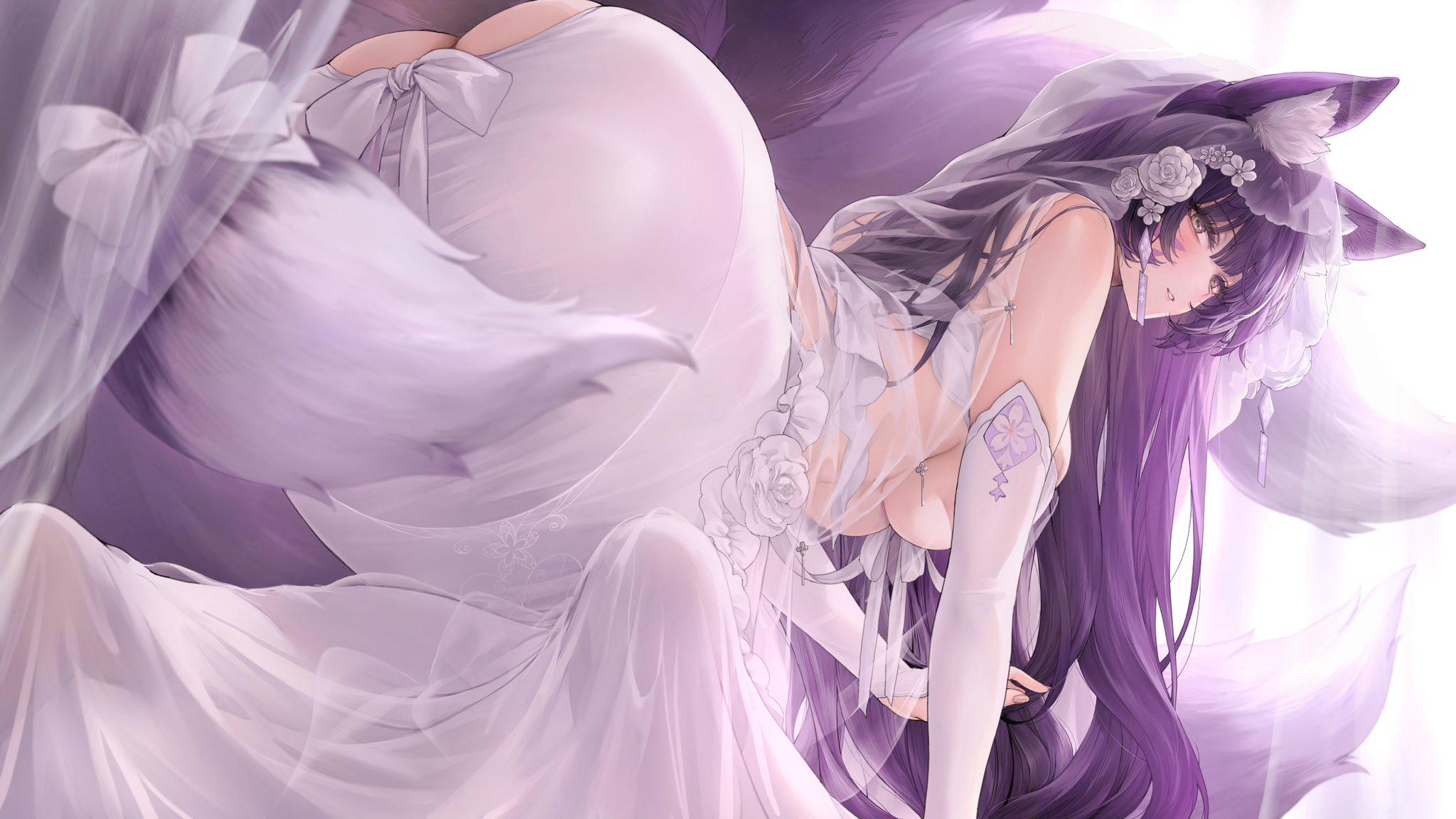 all fours, animal ear fluff, animal ears, ass, ass cutout, azur lane, bare shoulders, black hair, blush, bow, breasts, bridal veil, bride, cg, dress, elbow gloves, facial mark, female, flower, fox ears, fox girl, fox tail, gloves, hair flower, hair ornament, kitsune, large breasts, long hair, looking at viewer, looking back, multi tail, musashi (azur lane), musashi (purest wisteria) (azur lane), official alternate costume, parted lips, purple eyes, purple hair, see-through, smile, solo, tail, underboob, veil, very long hair, wedding dress, white dress, white flower, white gloves, yellow eyes