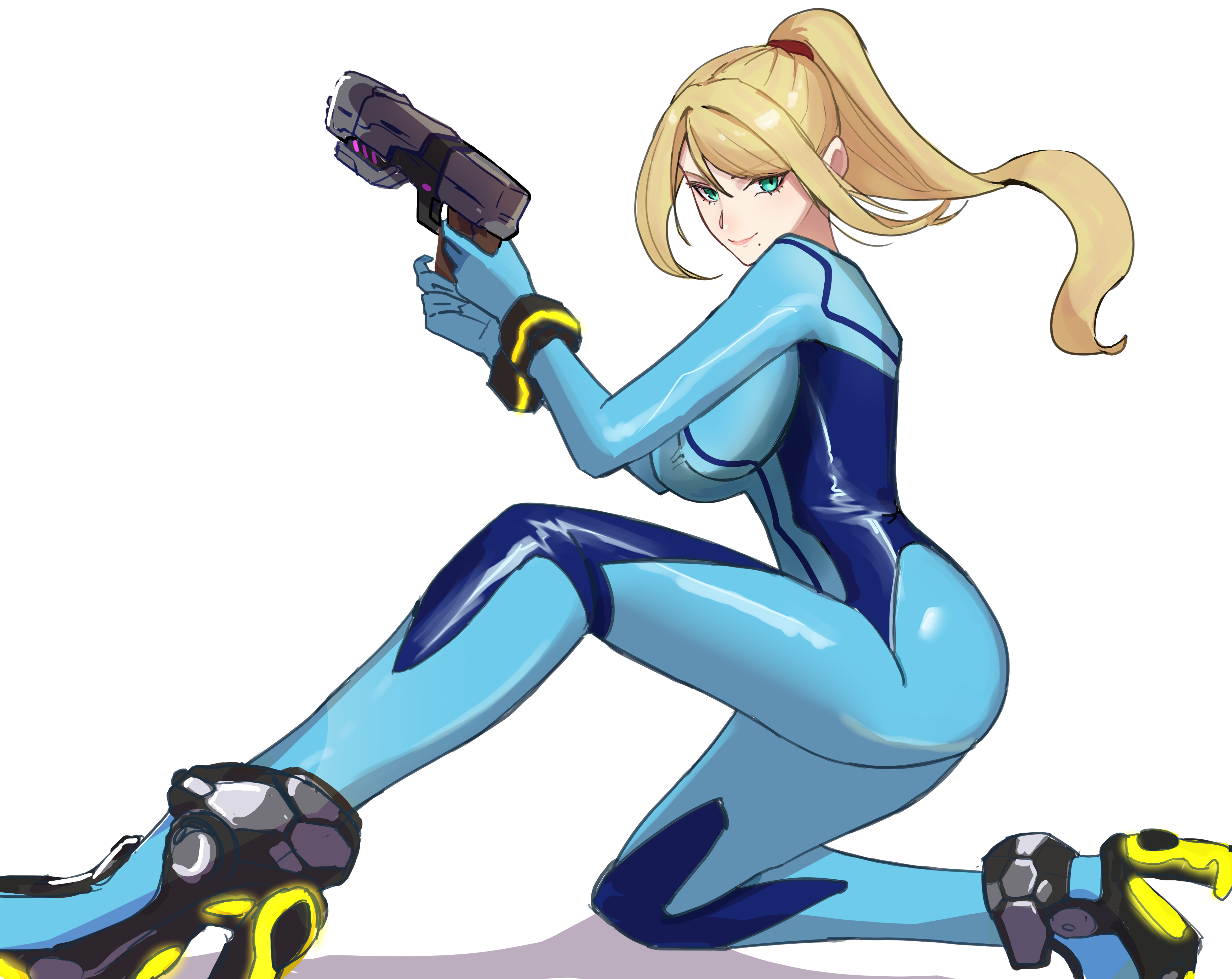 1girls, absurdres, amausa subee, blonde hair, blue bodysuit, blue eyes, bodysuit, breasts, closed mouth, female, female only, full body, green eyes, gun, handgun, high ponytail, highres, holding, holding gun, holding weapon, large breasts, long hair, long legs, looking at viewer, metroid, mole, mole under mouth, nintendo, on one knee, ponytail, samus aran, shiny clothes, simple background, skin tight, smile, solo, super smash bros., thighs, tight clothing, weapon, white background, zero suit, zero suit samus