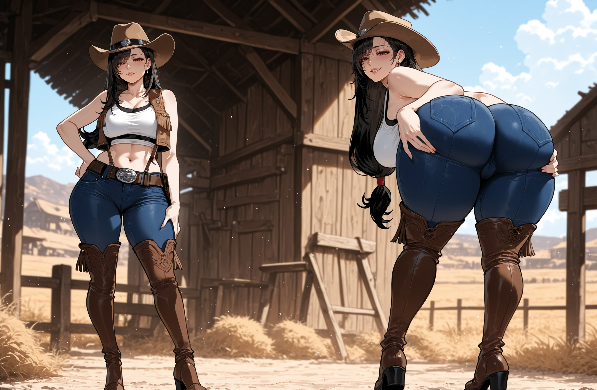 1boy, ai generated, ass, bent over, black hair, boots, breasts, brown eyes, brown footwear, cowboy boots, cowboy hat, cowgirl, cowgirl outfit, curvaceous, curvaceous female, curvaceous figure, curvy, curvy body, curvy female, curvy figure, curvy hips, day, denim, female, final fantasy, final fantasy vii, hand on hip, hat, jeans, knee boots, long hair, male, midriff, miyuai, navel, pants, tagme, thick, thick ass, thick legs, thick thighs, thigh boots, thighhighs, tifa lockhart, uncensored, voluptuous, voluptuous body, voluptuous female, western