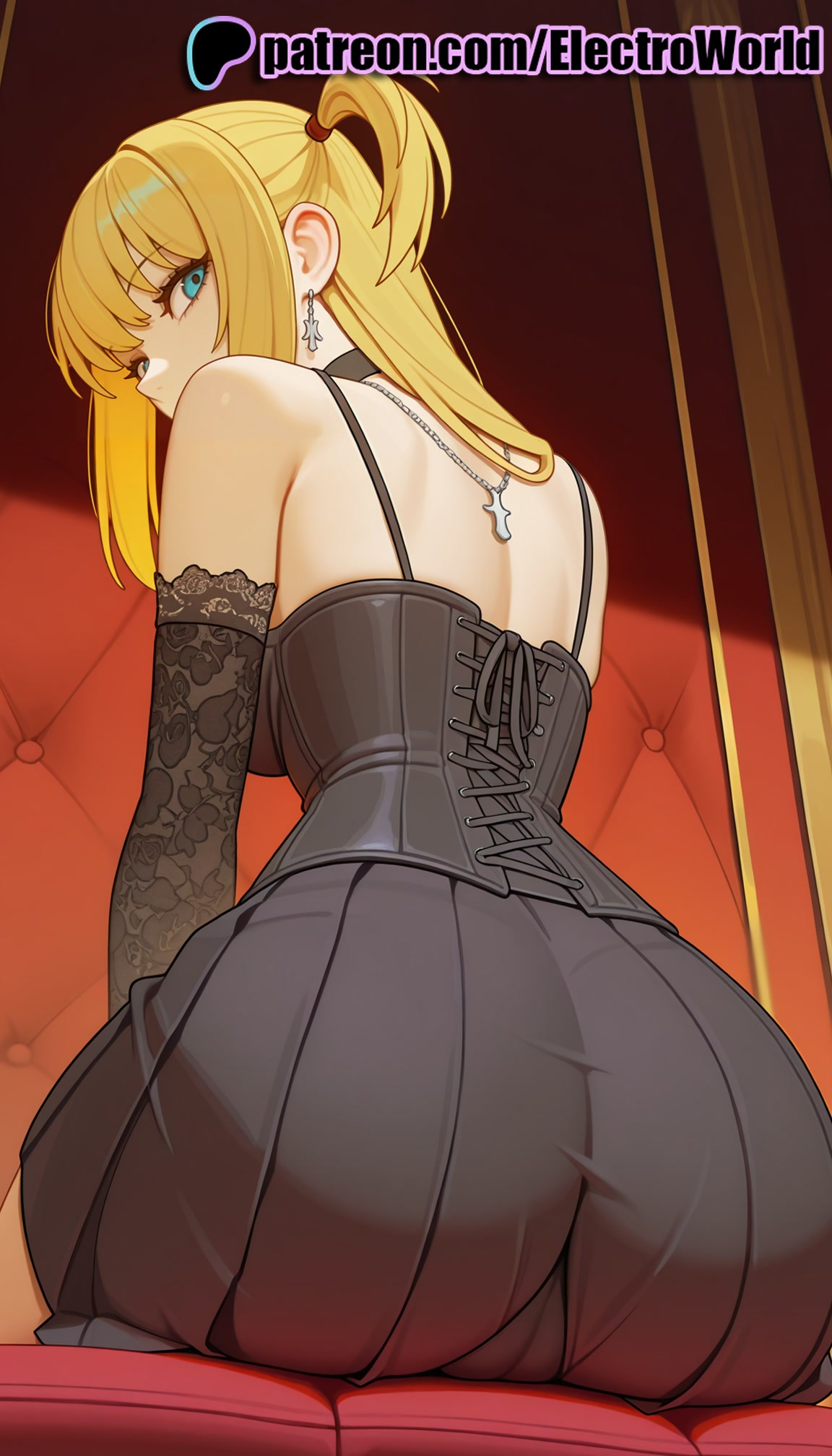1girls, 2025, ai generated, artist name, ass, back, bare shoulders, blonde hair, breasts, bust, chest, couch, death note, earrings, elbow gloves, electroworld, female, from behind, gloves, hi res, high quality, high resolution, highres, jewelry, long hair, looking back, misa amane, pantylines, patreon, patreon username, sitting, solo, stable diffusion, watermark