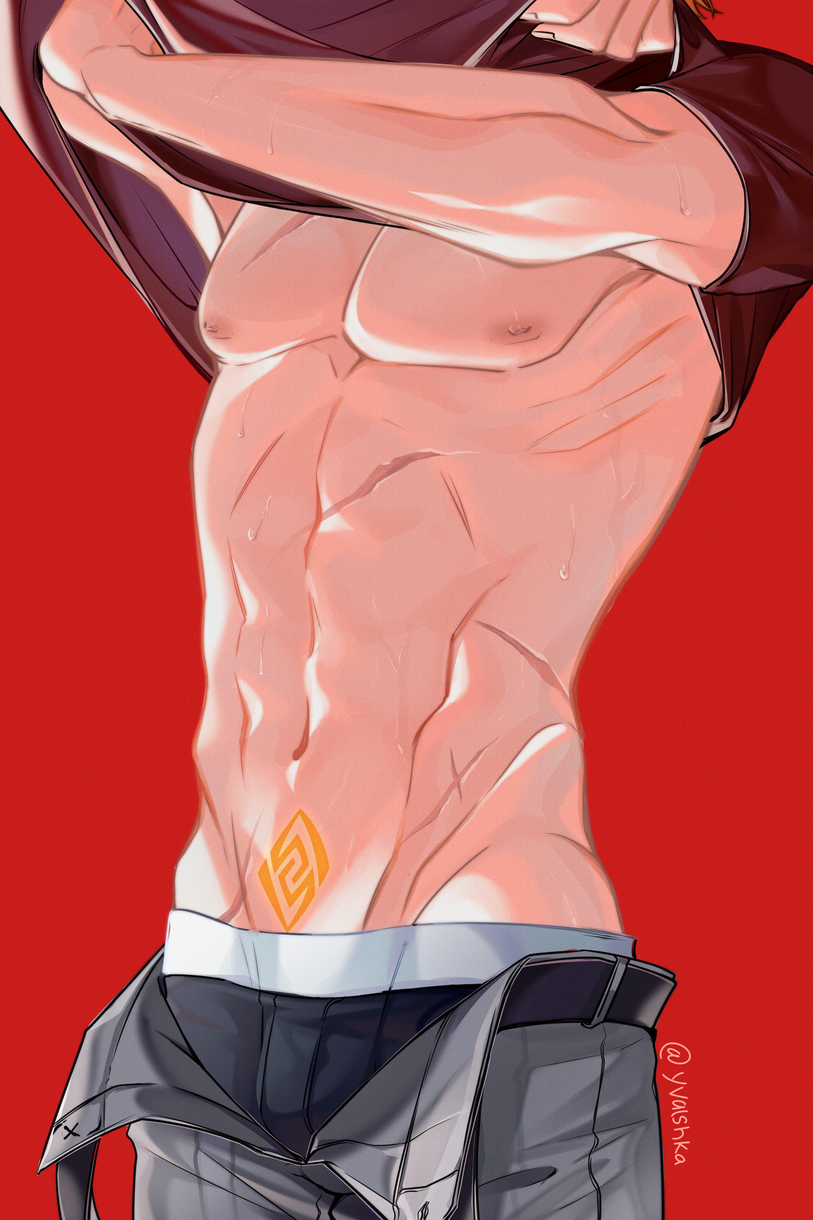 1boy, childe (genshin impact), genshin impact, male, male only, shirt lift, solo, solo male, tartaglia (genshin impact), tattoo