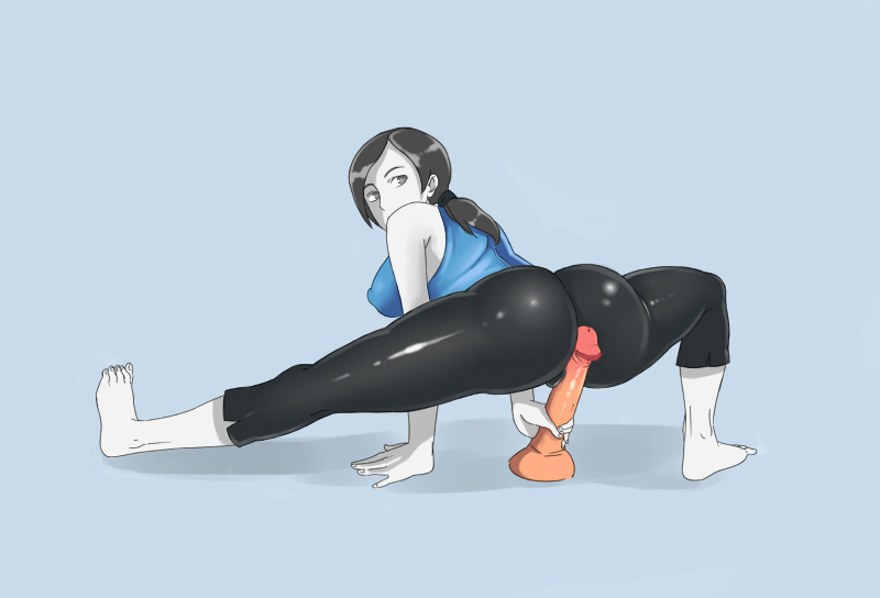1girls, ass, assjob, breasts, brown hair, buttjob, clothed, dildo, female, from behind, grinding, huge ass, large breasts, long hair, looking back, nintendo, outercourse, ponytail, rubbing, sex toy, solo, tied hair, white skin, wii fit, wii fit trainer, wii fit trainer (female)