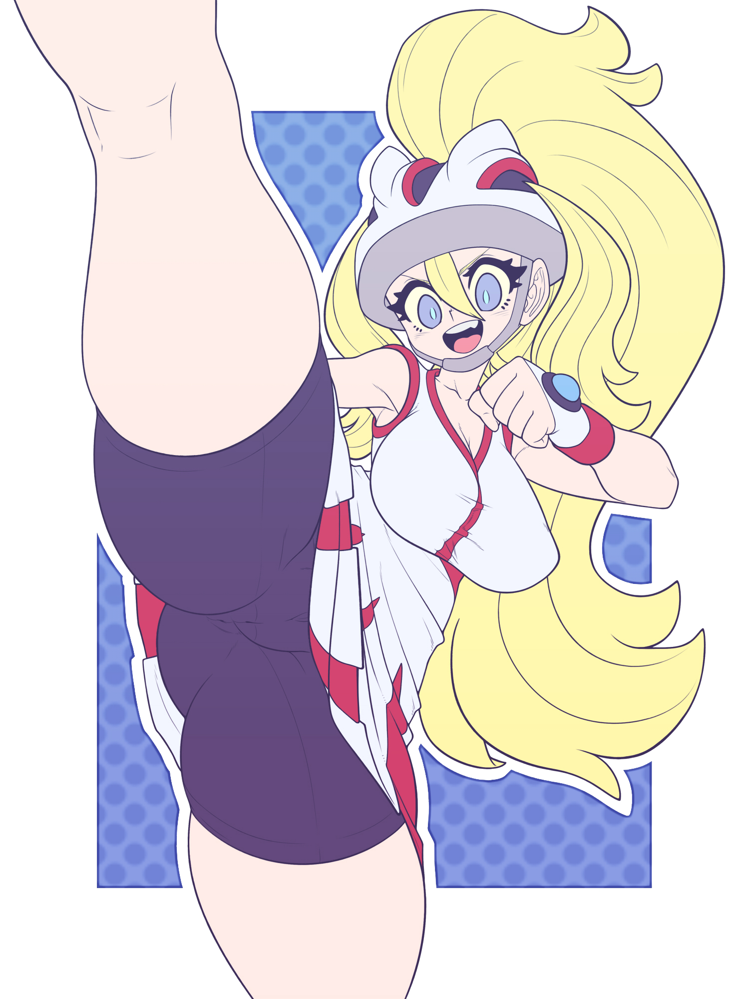 1girls, anus, anus visible through clothes, ass, big breasts, blonde hair, blue eyes, breasts, cameltoe, clothing skin, corni (pokemon xy), corni (pokemon), female, fully clothed, kaikoinu, korrina (pokemon xy), korrina (pokemon), leggings, legs up, light skin, light-skinned female, long hair, nintendo, pale skin, pale-skinned female, pokemon, pokemon xy, ponytail, pussy, shorts, thick thighs, thigh gap, thighs, tight shorts, triangular anus