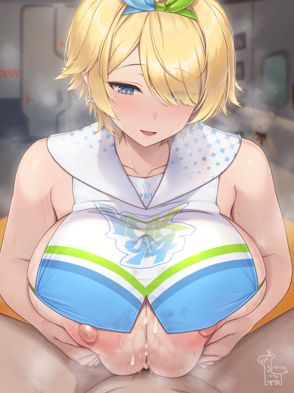 1boy, 1girls, after paizuri, alternate version at source, alternate version available, big breasts, blonde hair, blue eyes, blush, boobjob, breasts, breasts bigger than head, breasts out, bulge, bulge through clothing, clothed female nude male, clothing, cum, cum on breasts, cum through clothes, female, girls' frontline, girls' frontline 2: exilium, hairband, hina (cassissoda), indoors, large breasts, male, nikketa (girls' frontline 2), nipples, open mouth, paid reward available, paizuri, penis bulge, short hair, smile, steam, steaming body, sweat, sweatdrop, vsk-94 (dance like the blazing sun) (girls' frontline), vsk-94 (girls' frontline)