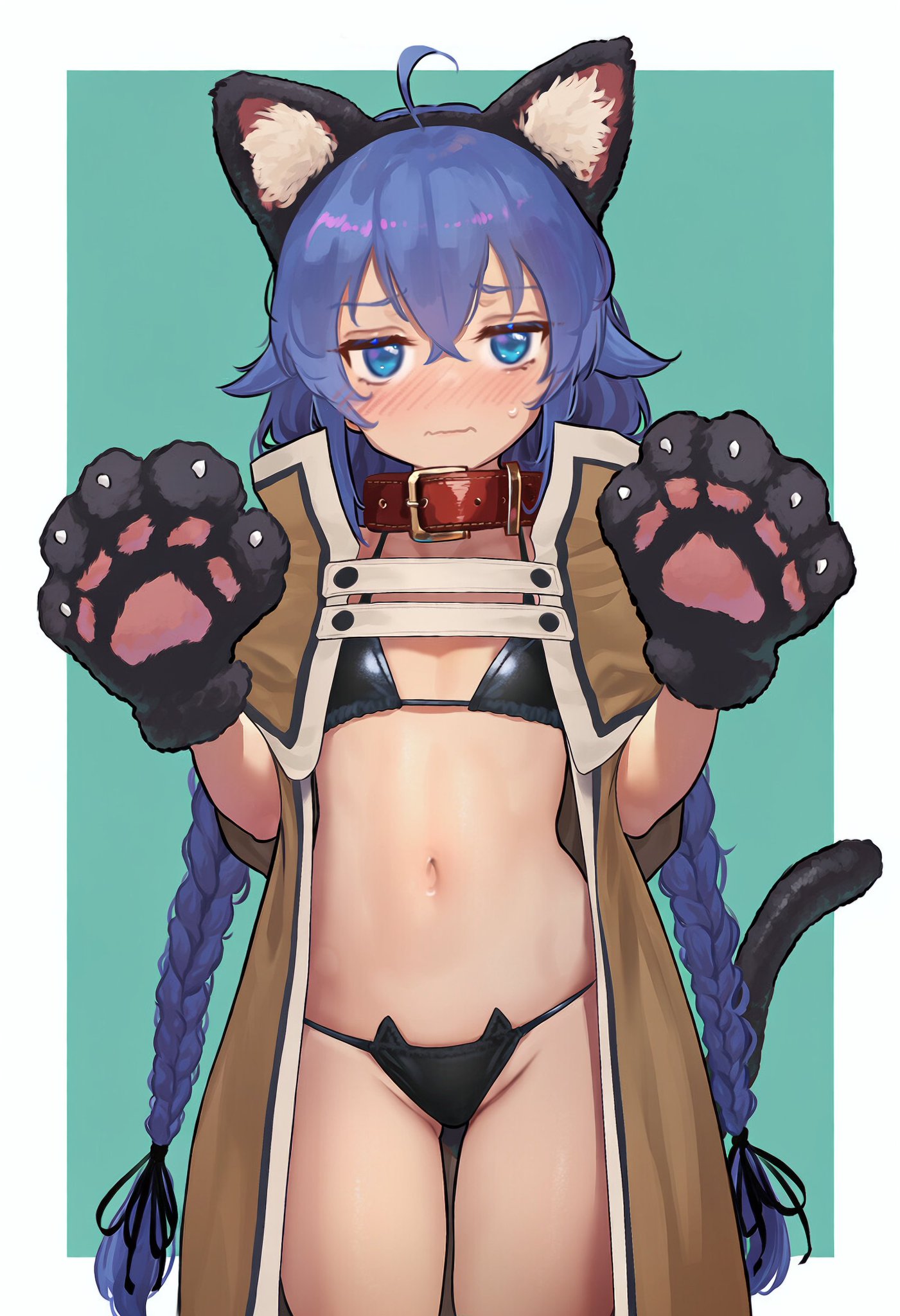 anime girl, artist request, bikini, black bikini, blue eyes, blue hair, cat ears, cat tail, catgirl, collar, cute, cute face, female, female only, flat chest, flustered, hips, mushoku tensei, mushoku tensei: isekai ittara honki dasu, roxy migurdia, skinny, small breasts, solo, solo female, stomach, waist, white skin