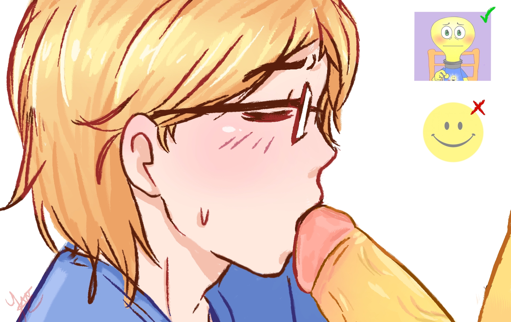 2boys, big penis, blonde hair, blushing, check mark, closed eyes, fact attack adventures, facty (fact attack adventures), fellatio, for a head, from side, gay, glasses, green eyes, human, image, joke, licking penis, lightbulb (fact attack adventures, male, male focus, meme in the background, object head, open mouth, penis, penis focus, penis lick, side view, signature, simple background, sweating, verity (thatmob), watermark, white background, yaoi, yellow body