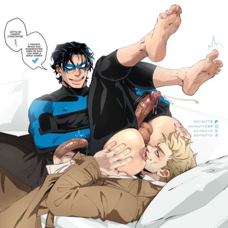 2boys, anus, anus focus, ass, ass focus, ass grab, balls, batman (series), dc, dc comics, dick grayson, eating ass, erect penis, erection, gay, gay oral, john constantine, licking anus, male, male only, nightwing, penis, rimming, rimming male, soynutts, sucking anus, tagme, visible nipples, yaoi
