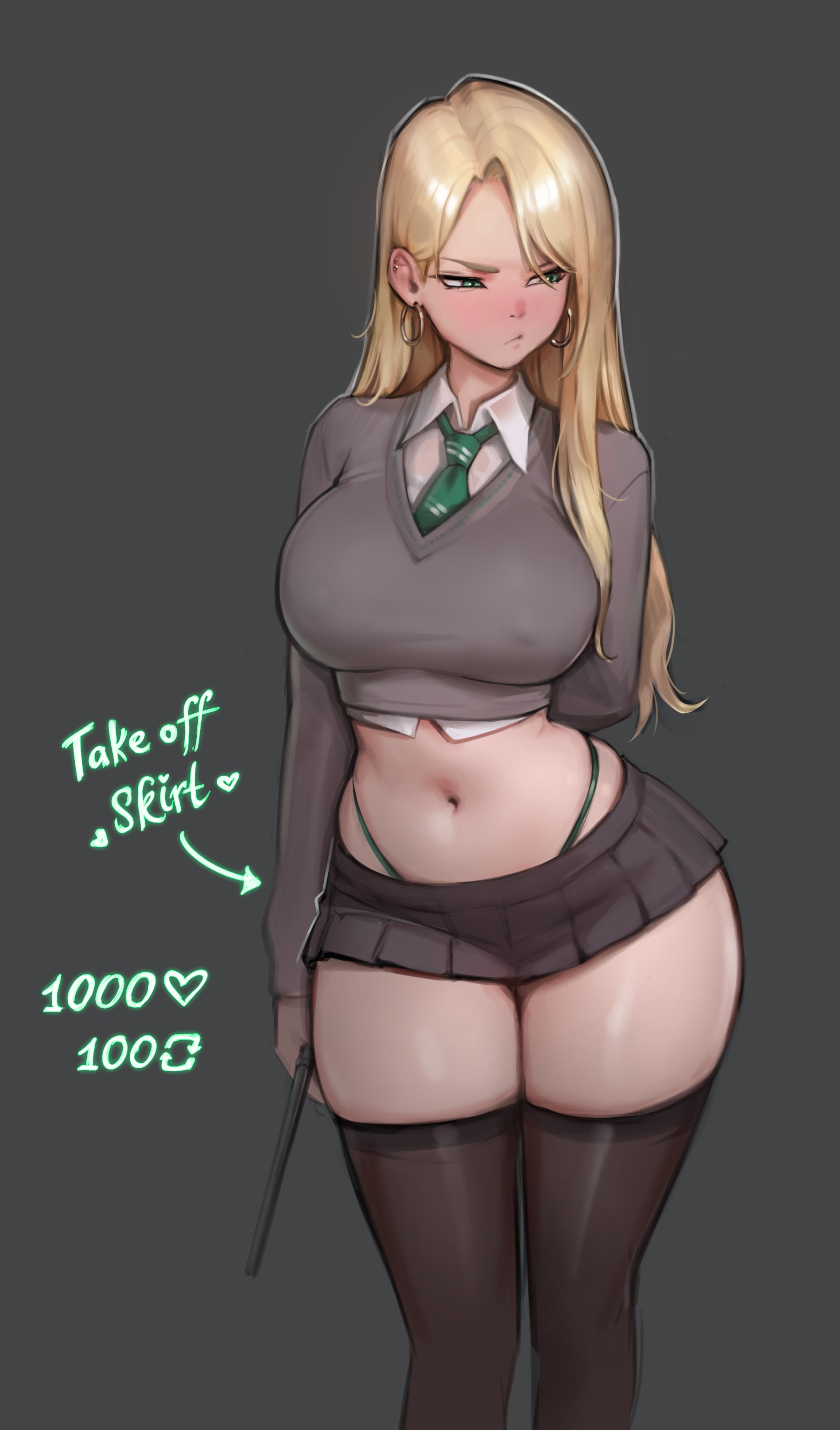 1girls, big thighs, blonde female, blonde hair, clothed, clothing, curvy, curvy body, curvy female, curvy figure, curvy hips, draco malfoy, draco malfoy (redteneri), genderswap, genderswap (mtf), harry potter, meekohopanes, nipple bulge, nipples visible through clothing, pinup, rule 63, school uniform, schoolgirl, strip game, thong, thong panties, thong straps