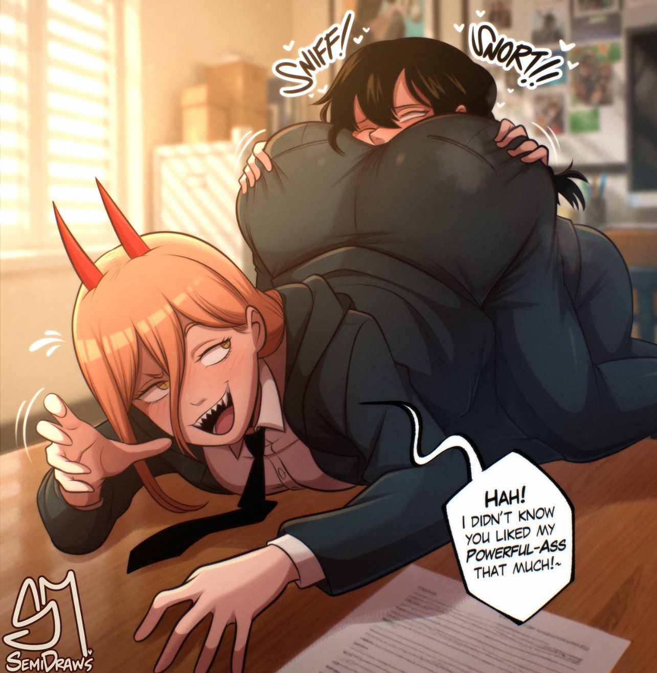 2026, 2d, 2d (artwork), 2girls, ass, ass worship, big ass, big butt, butt, clothed, clothed female, dialogue, english, english dialogue, english text, face down ass up, female, female only, female/female, horn, horned humanoid, horns, humanoid, lesbian, light skin, light-skinned female, open mouth, open mouth smile, open smile, power (chainsaw man), semidraws, smile, sniffing, sniffing ass, sniffing through clothes, suit, suit and tie, text, worship