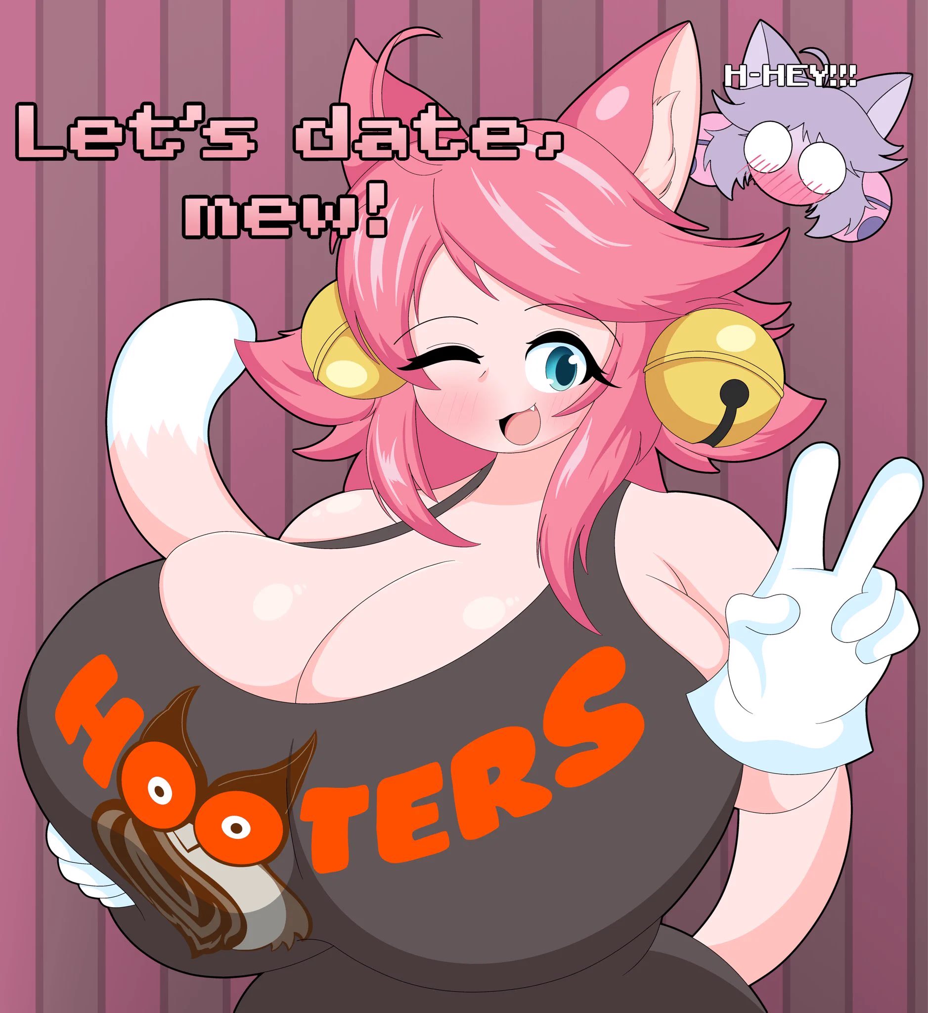 2d, 2girls, big breasts, breast grab, cat ears, cat tail, catgirl, deltarune, deltarune chapter 5, dialogue, female, female only, gigantic breasts, grabbing own breast, holding breast, holding own breast, hooters, hooters uniform, irritable ghost (deltarune), mad mew mew, massive breasts, mew mew (undertale), pink (deltarune), tagme, tagme (artist), text, undertale (series), yuri