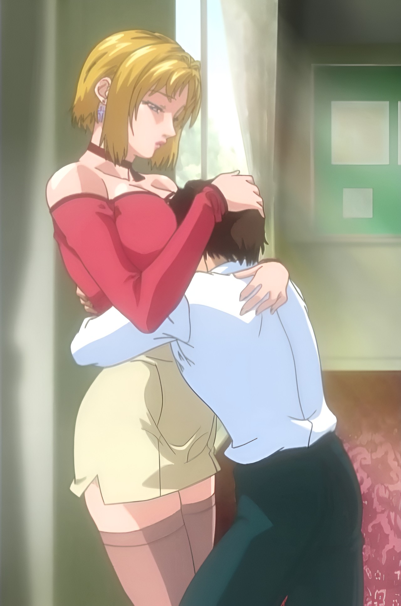 1boy, 1girls, adult and teenager, adult female, against wall, age difference, alternate costume, bangs over eyes, bare shoulders, before sex, bible black, bible black new testament, big breasts, blonde hair, bob cut, breast focus, breast smother, breast worship, brown hair, busty, closed eyes, female, flashback, good boy, hallway, head pat, height difference, high resolution, imminent sex, kitami reika, large breasts, lipstick, male, milf, no sex, official alternate costume, older female and younger male, pants, parted bangs, pencil skirt, school uniform, shin bible black, shirt, short hair, size difference, skirt, smaller male, smothering, smothering breast, stockings, swept bangs, taller female, teacher and student, teenage male, teenager, thighhighs, uncensored, voluptuous, voluptuous female, yamanishi naoto