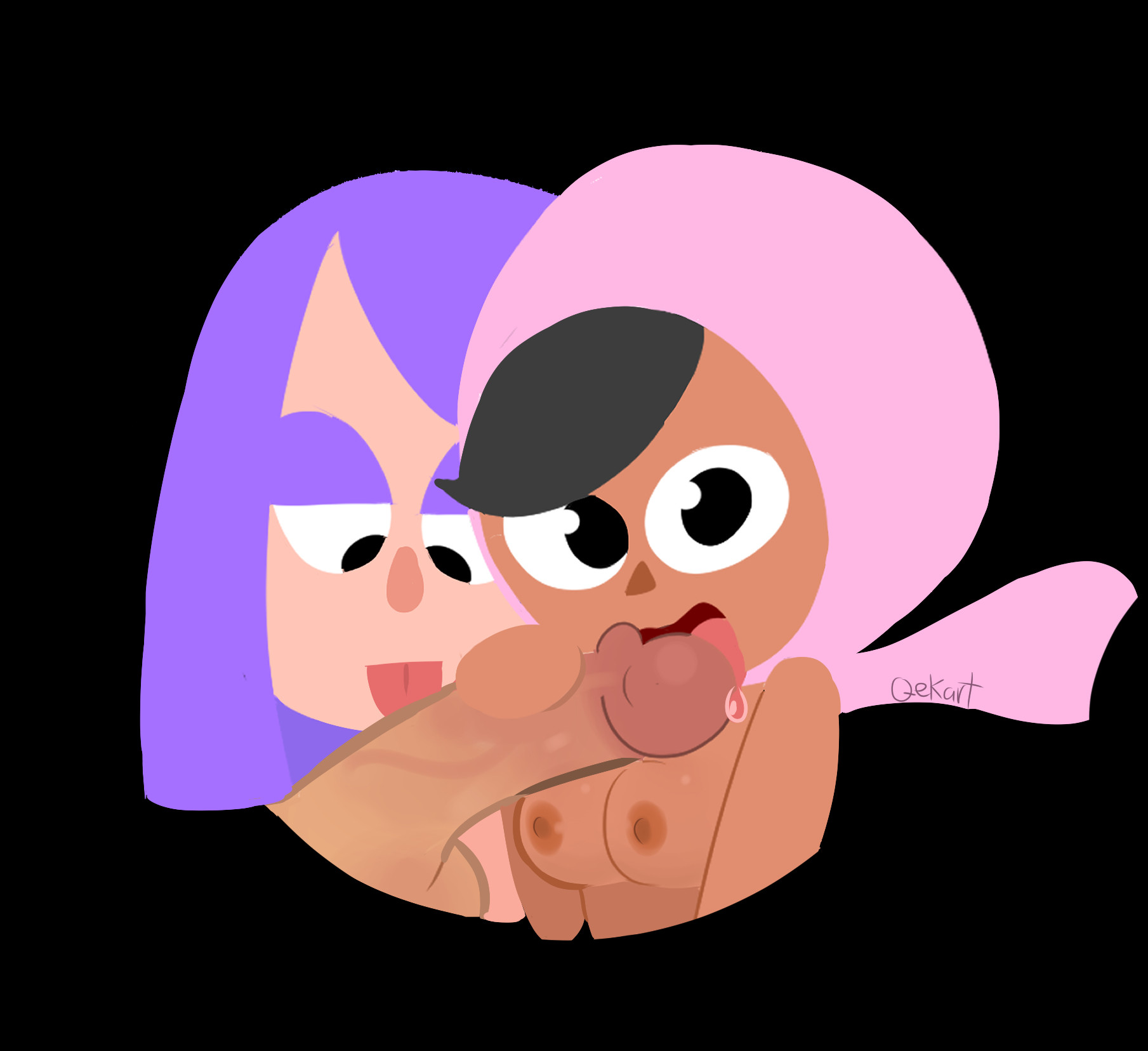 1boy, 2025, 2girls, alwerart, areolae, artist name, black eyes, black hair, breasts, dark skin, dark-skinned female, duolingo, faceless male, fellatio, female, hijab, human, licking, licking penis, light skin, light-skinned female, lily (duolingo), looking at viewer, male, medium breasts, multiple girls, nipples, nude, nude female, oral, penis, pink hijab, purple hair, pussy, short hair, smile, zari (duolingo)