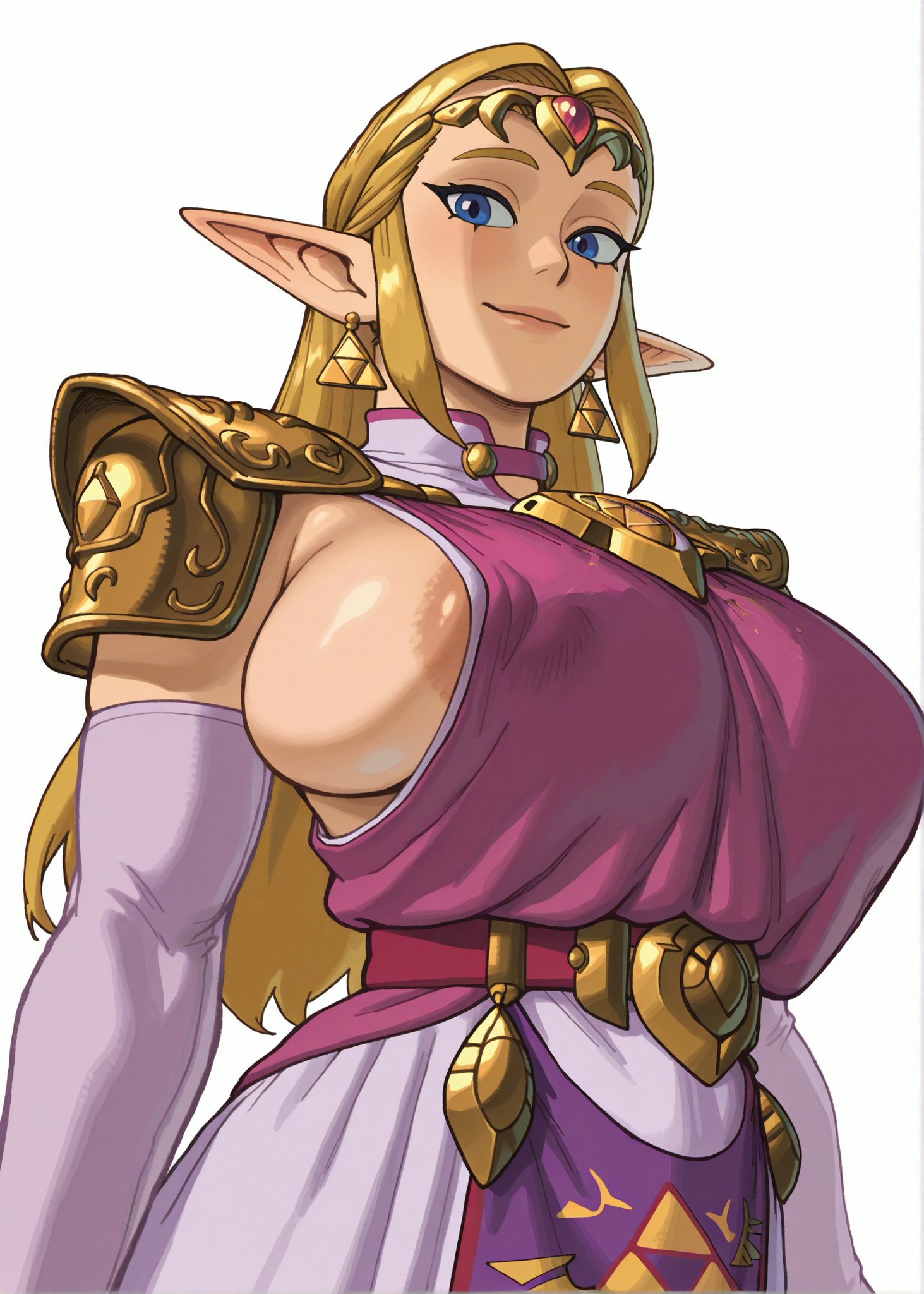1girls, 2026, ai generated, areola, areola slip, areolae, areolae slip, artist request, big ass, big boobs, big breasts, blonde hair, blonde hair female, blue eyes, blush, breast peek, breasts, erosart, female, female only, huge boobs, huge breasts, hylian, hylian ears, hylian female, large breasts, light skin, light-skinned female, low-angle view, milf, milfification, nintendo, nipple bulge, nipples visible through clothing, no bra, ocarina of time, peeking out, perky breasts, pointy ears, princess zelda, sideboob, solo female, the legend of zelda, triforce earrings, wardrobe malfunction, zelda (ocarina of time)