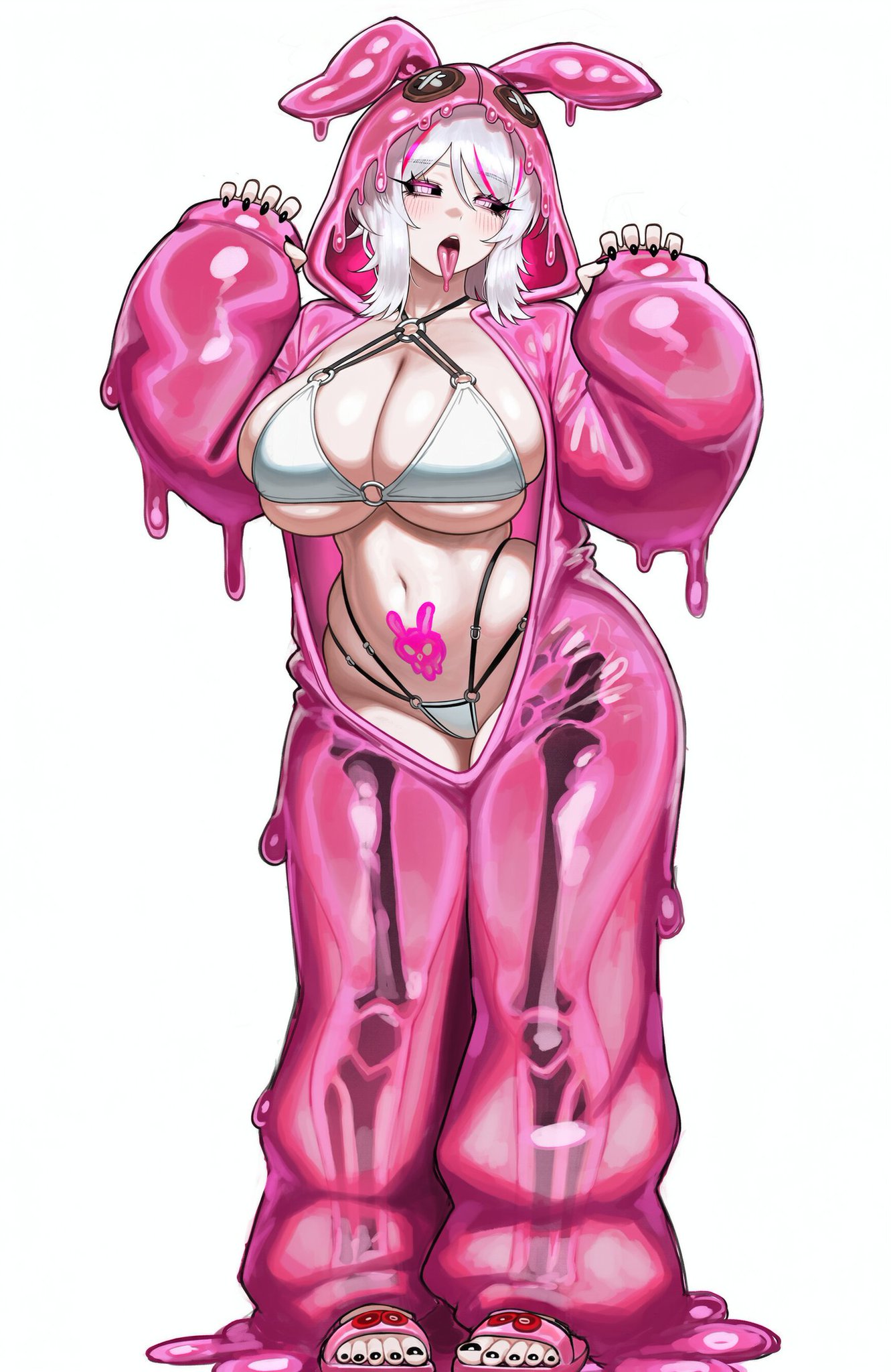 ai generated, big ass, big breasts, big thighs, bikini, faust (limbus company), limbus company, pink clothing, pink eyes, pink tattoo, project moon, short hair, sniksnak99, tattoo, white bikini, white hair