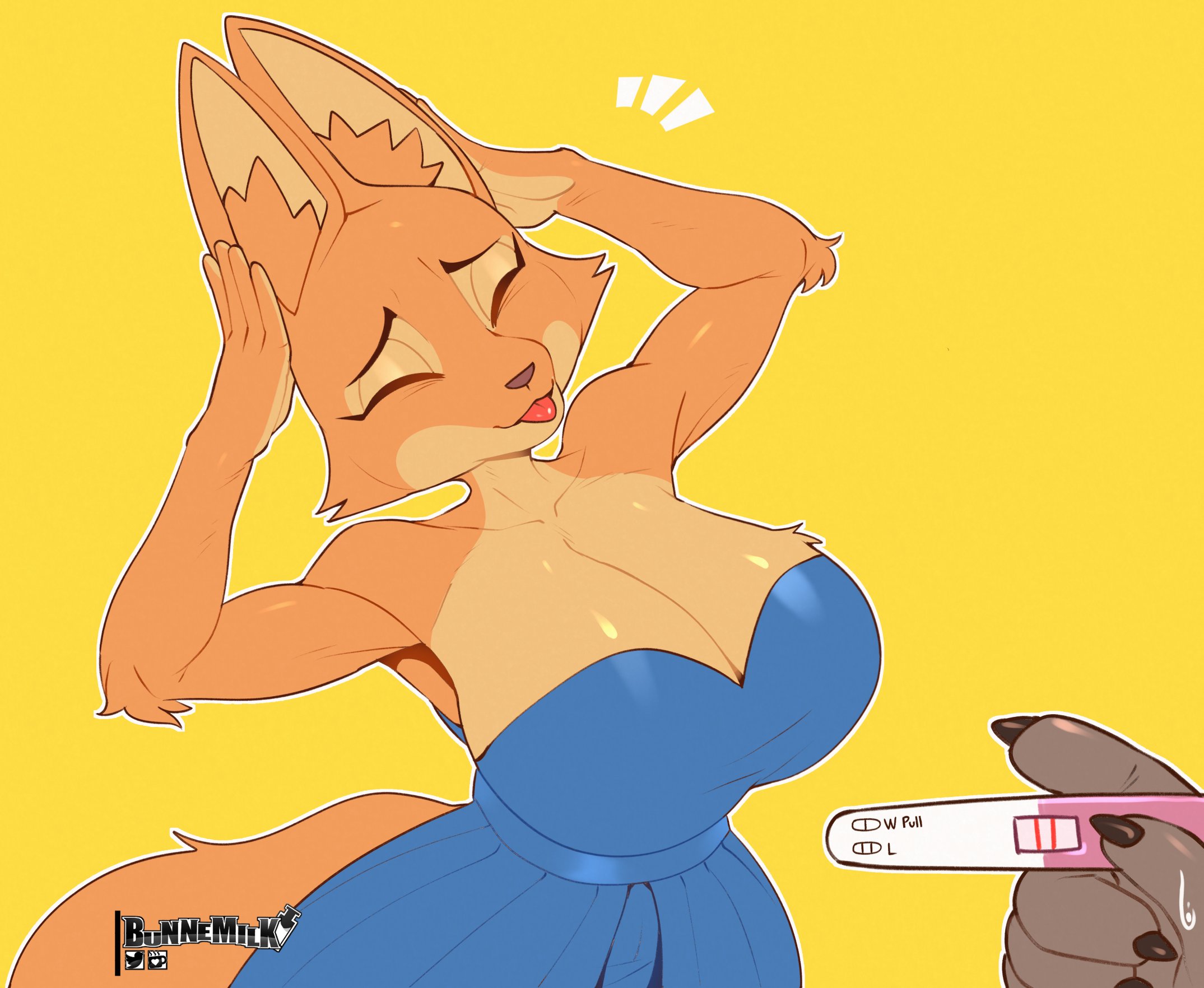 1boy, 1girls, 2d, 2d (artwork), anthro, big breasts, blue dress, breasts, bunnemilk, cleavage, closed eyes, diane foxington, dress, eyes closed, female, female focus, fox, fox ears, hands on head, huge breasts, mr. wolf (the bad guys), multicolored fur, orange fur, positive pregnancy test, pregnancy, pregnancy test, pregnant, silly, silly face, tail, the bad guys, tongue, tongue out, two-tone fur, unseen character, unseen male face