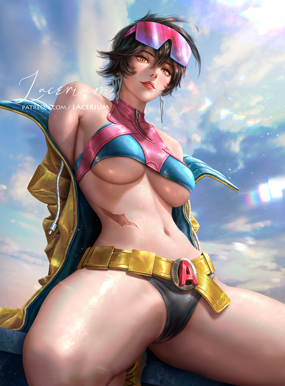 2d, asian, big breasts, cameltoe, female, female only, jubilation lee, jubilee, jubilee (marvel rivals), lacerium, low-angle view, marvel, marvel rivals, midriff, navel, panties, sitting, solo, thick thighs, thighs, underboob