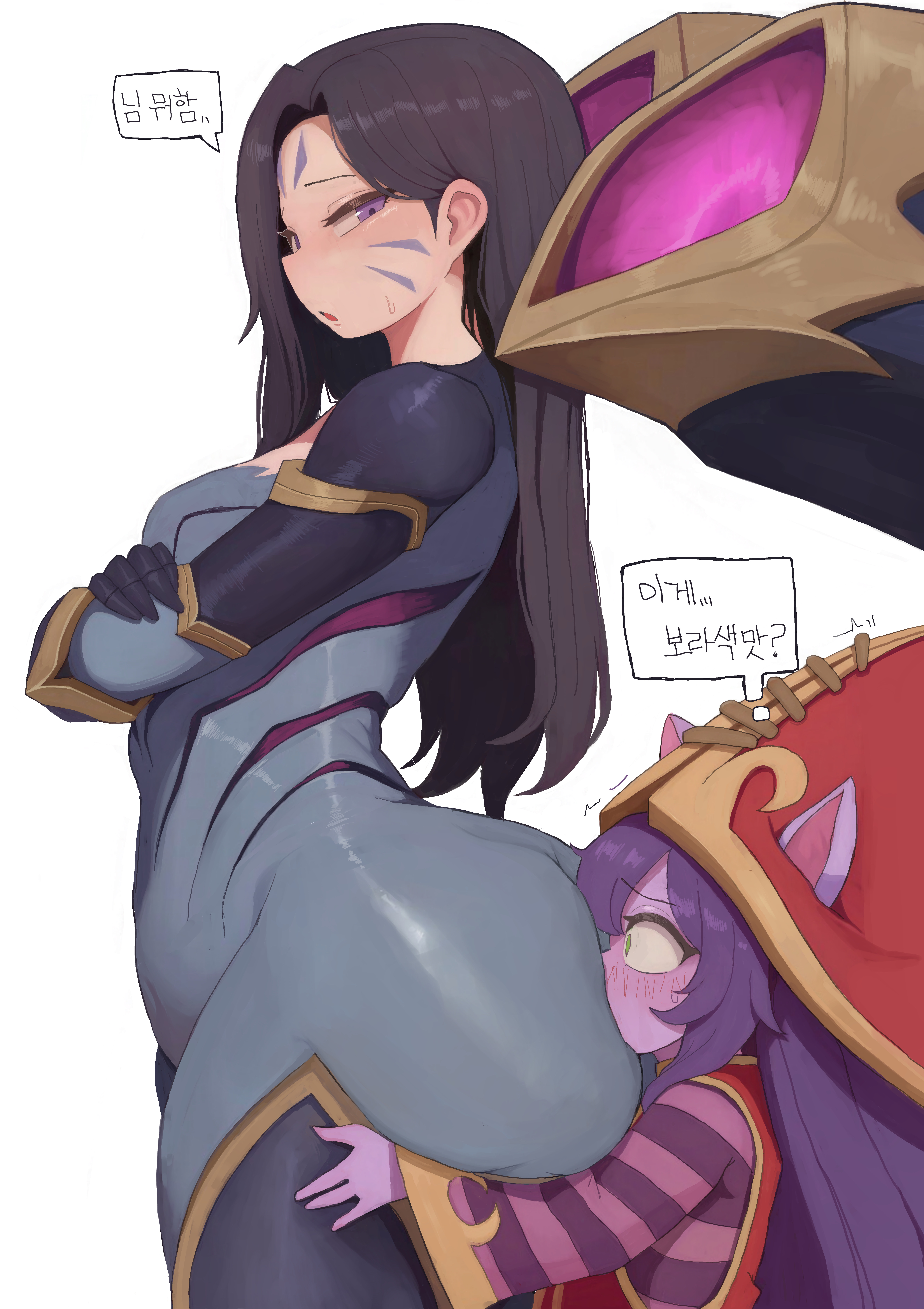 2girls, ass, black hair, blush, bodysuit, breasts, bubble butt, face in ass, fat ass, female, female only, huge ass, kai'sa, kim somang, league of legends, long hair, looking back, lulu the fae sorceress, plump ass, purple eyes, purple hair, simple background, thick thighs, thighs, white background, yordle