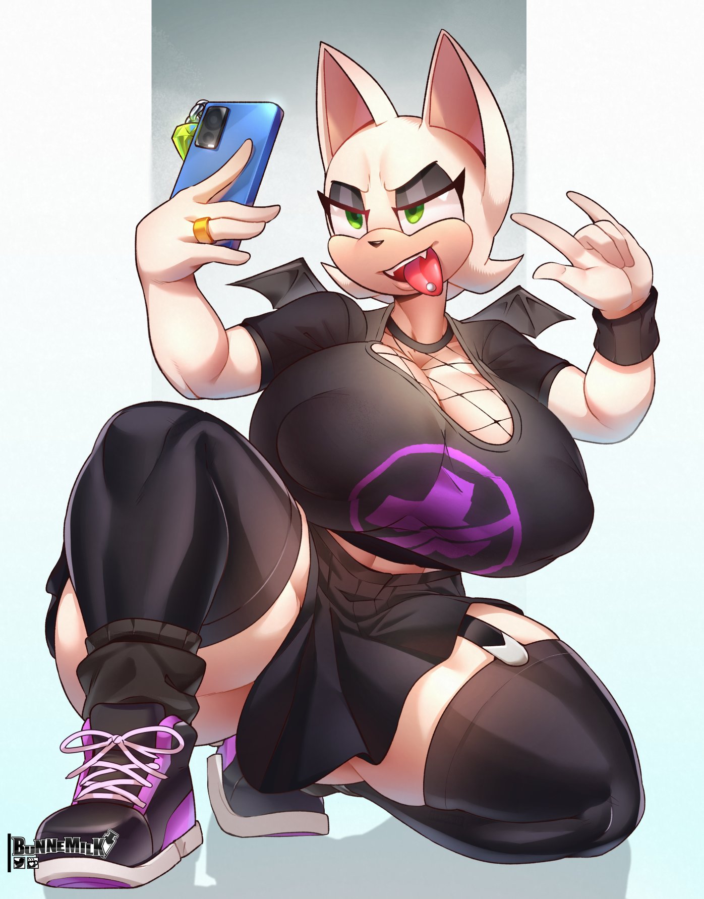 1girls, 2d, 2d (artwork), anthro, bat, bat wings, big breasts, big nipples, breasts, bunnemilk, cleavage, clothing, female, female only, footwear, green eyes, hand gesture, holding phone, huge breasts, nipples visible through clothing, phone, piercing, ring, rouge the bat, sega, selfie, shoes, skirt, smartphone, sneakers, solo, sonic (series), sonic the hedgehog (series), tan body, thick thighs, thighhighs, thighs, tongue, tongue out, tongue piercing, white fur, wide hips, wings