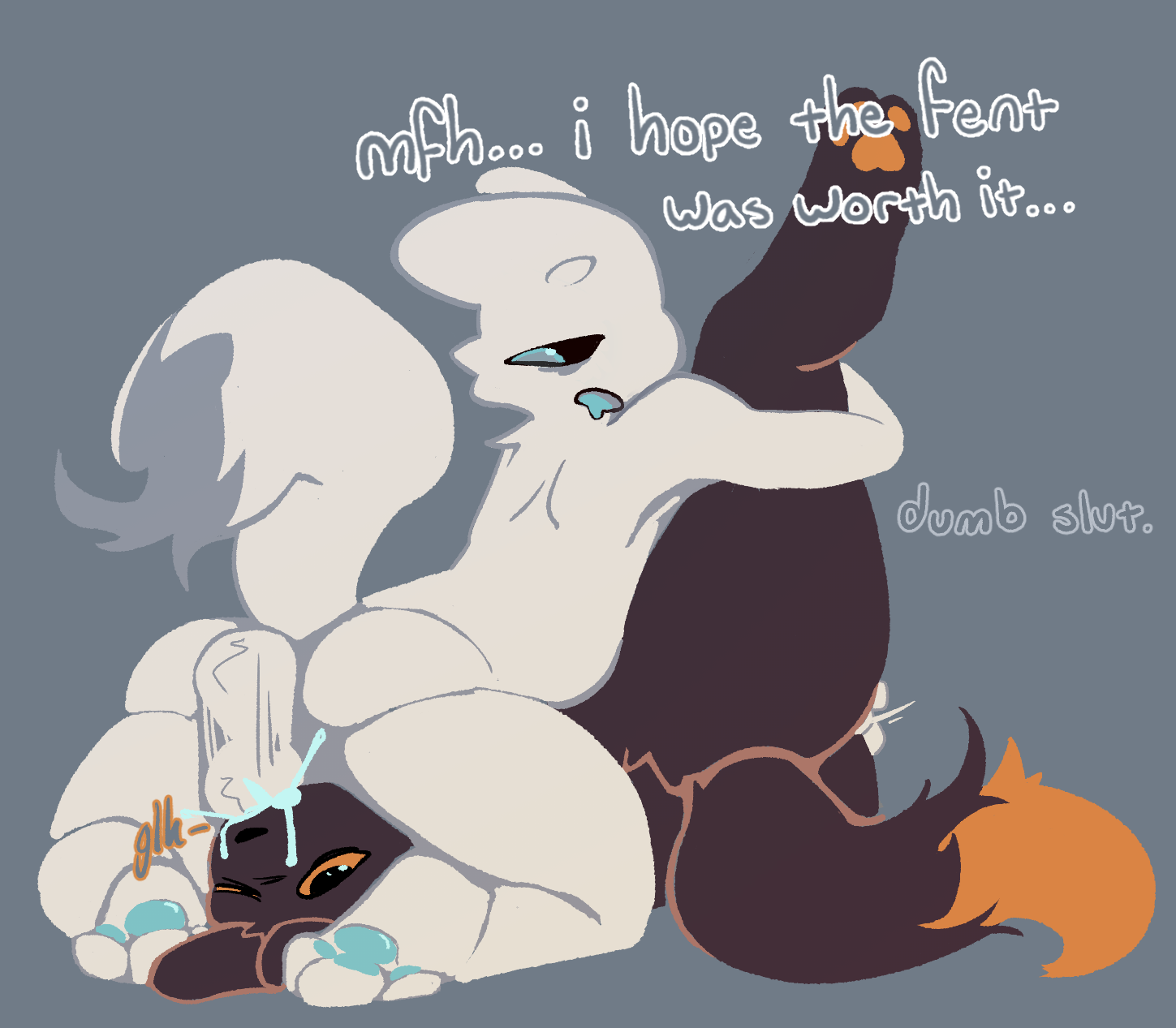 achi1, ambiguous gender, anthro, blue eyes, blue pawpads, blue tongue, bodily fluids, butt, casualties: unknown, cum, cum drip, cum in mouth, cum in throat, cum inside, cum on face, dark body, degradation, dialogue, dipstick tail, dominant, dominant male, dripping, ejaculation, expie (gunsawian), face fucking, fingering, gagging, genital fluids, gluck, gunsawian, head between thighs, hi res, holding leg, irrumatio, leaking cum, male, male/ambiguous, markings, milky (gunsawian), nude, oral, orange pawpads, orange tail tip, pawpads, paws, penile, penis in mouth, profanity, raised paw, sex, sex after cumming, tail, tail markings, thick thighs, thrusting, tired eyes, tongue, white body