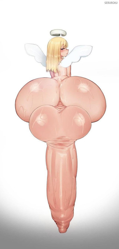 angel, angel wings, big ass, big penis, crimvael, futa only, futa sans pussy, futanari, ishuzoku reviewers, looking at viewer, looking back, original, original character, penis, seruroku, shy, shy expression, sweat, sweaty, sweaty balls, sweaty penis