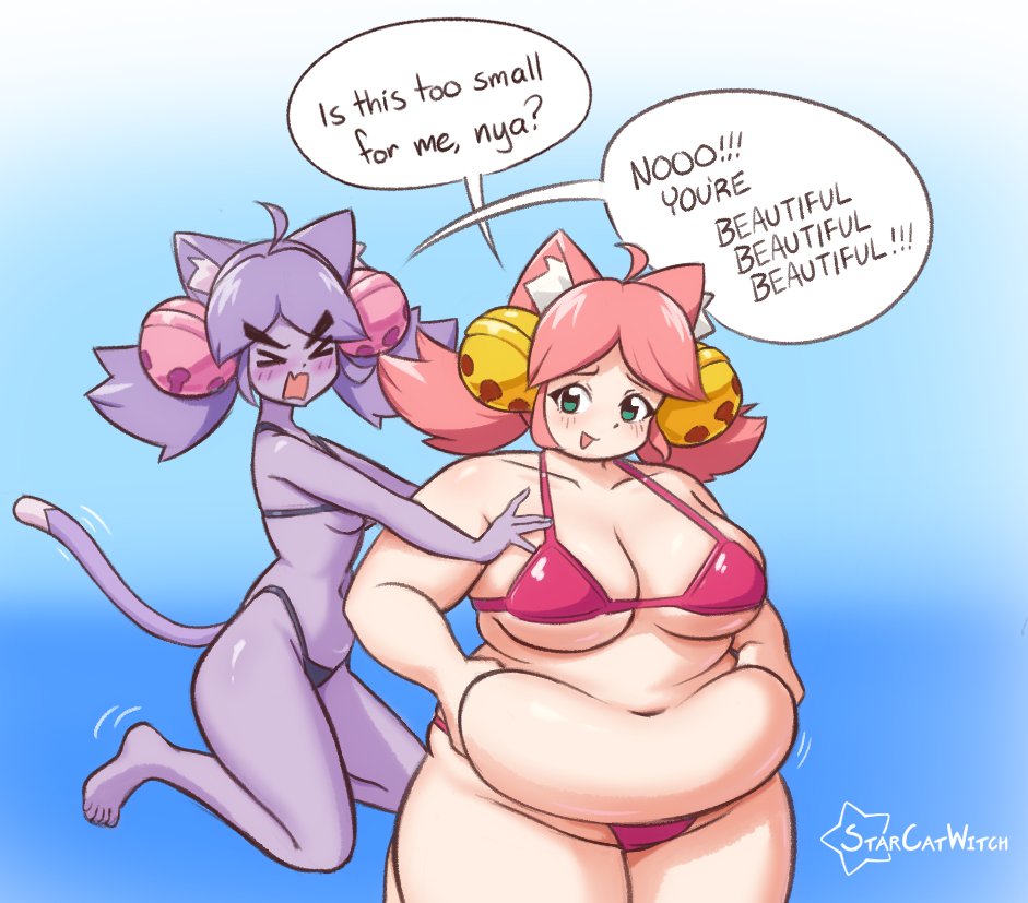 2d, 2girls, bbw, beach, bikini, cat ears, cat tail, catgirl, chubby, chubby female, deltarune, deltarune chapter 5, fat fetish, female, female only, irritable ghost (deltarune), mad mew mew, nonsexual, pink (deltarune), pink hair, purple hair, simple background, tagme, tagme (artist), thick eyebrows, thin female, thin waist, trans woman, trans woman (lore), transgender, undertale (series), wholesome, wholesome couple, yuri