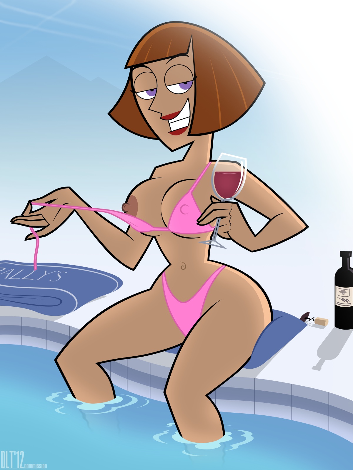 1girls, areola, ass, bikini, breasts, busty, cleavage, danny phantom, dlt, drunk, female, female only, hourglass figure, human, large breasts, looking at viewer, madeline fenton, milf, nipples, pointy chin, pool, solo, undressing, voluptuous, wine, wine glass