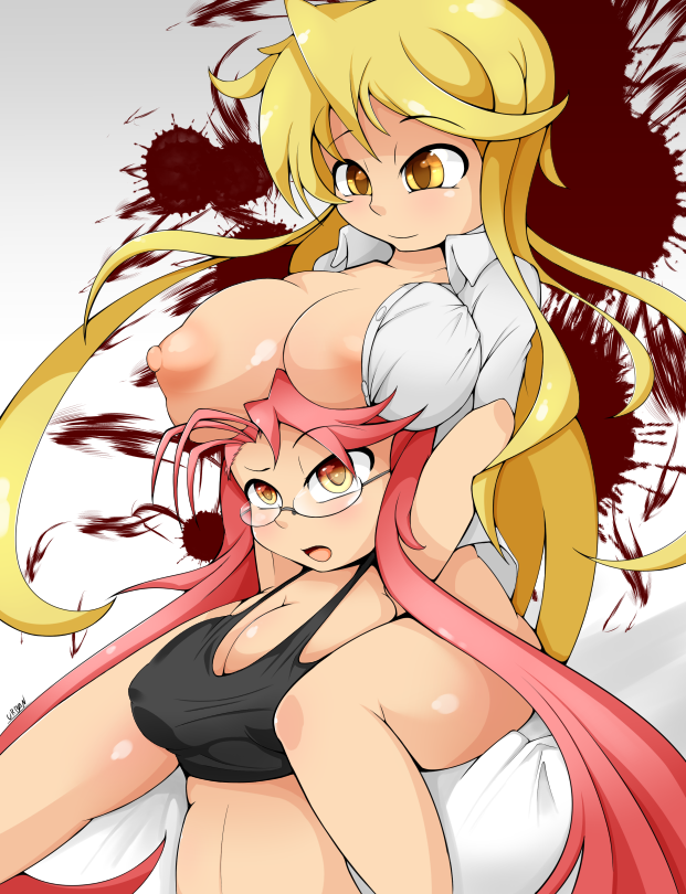 blonde_hair eyelashes female female_only glasses highschool_of_the_dead huge_breasts nipples open_clothes pink_hair saya_takagi shizuka_marikawa smile tanktop twintails urban-centre yellow_eyes