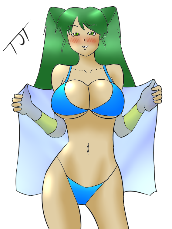 blue_bikini blush breasts green_eyes green_hair harvest_goddess harvest_goddess_(harvest_moon) harvest_moon tagme zerphoon