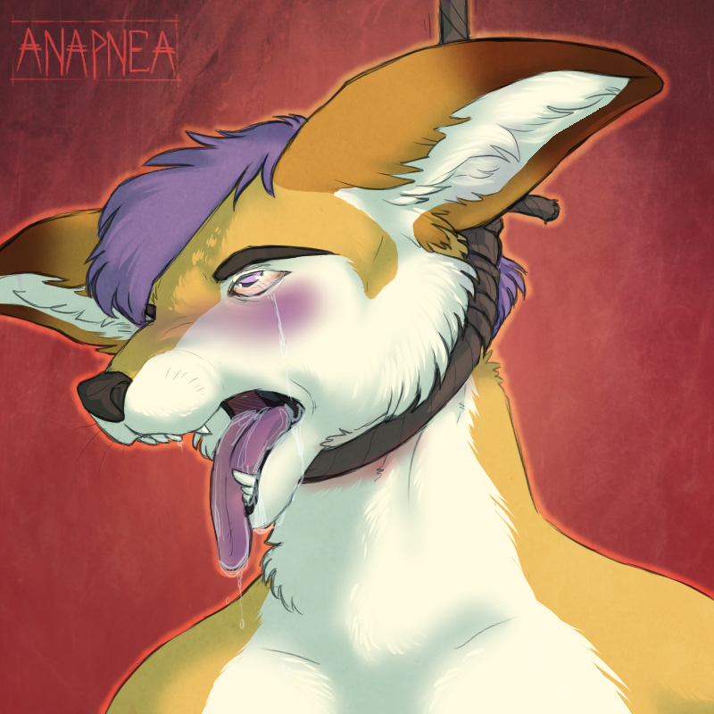 2018 anapnea anthro asphyxiation black_eyebrows black_nose bloodshot_eyes blue_eyes brown_fur canine crying death digital_media_(artwork) drooling eyebrows fangs fennec fox front_view fur furry furry_only hair hanged inner_ear_fluff male male_only mammal multicolored_fur noose open_mouth pink_tongue purple_hair red_background rope saliva short_hair signature simple_background snout snuff solo straight_hair tears teeth tongue tongue_out two_tone_fur white_fur