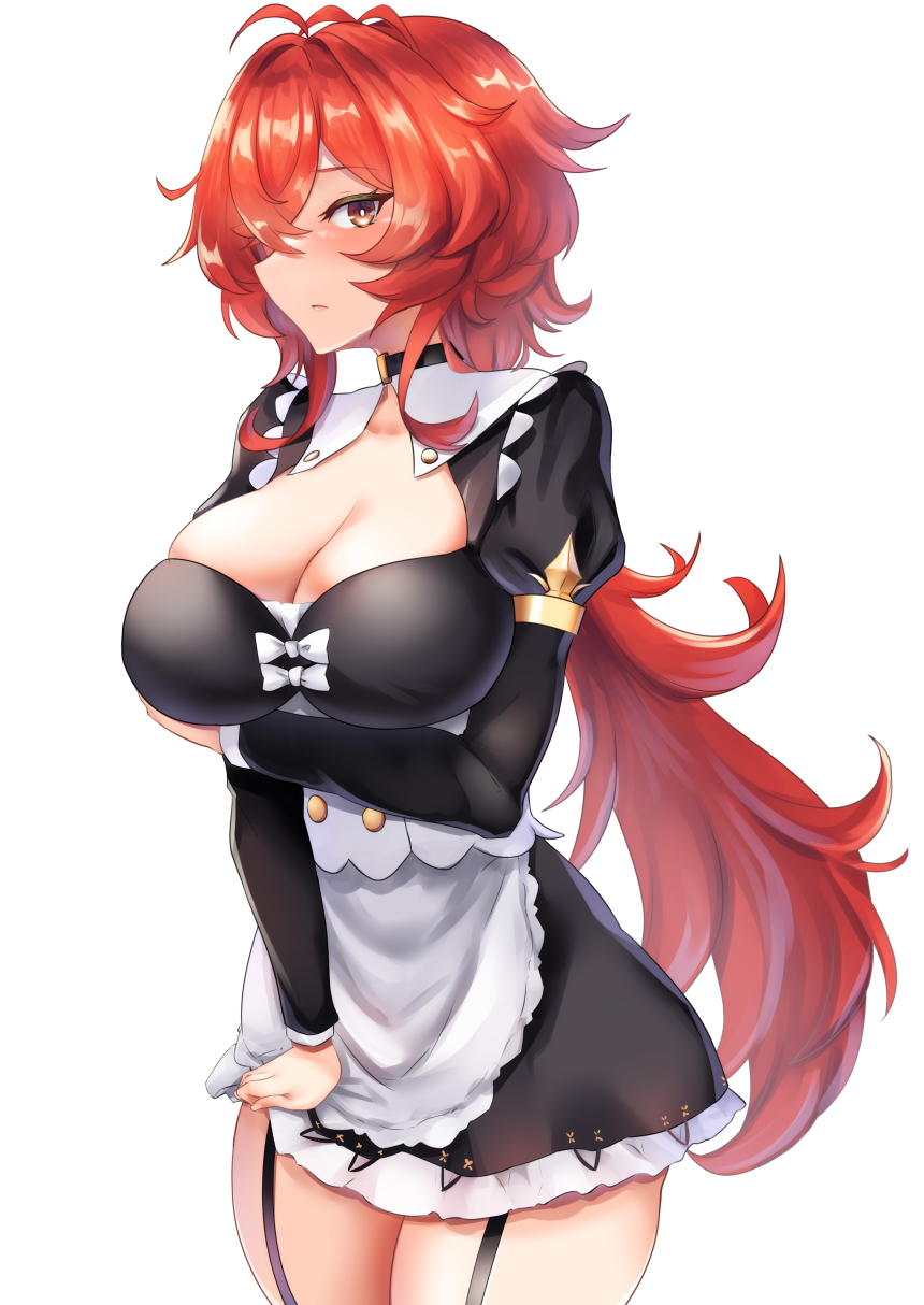 1girls 2020s 2021 blush breasts cleavage diluc_(genshin_impact) female garter_straps genderbend genderswap genderswap_(mtf) genshin_impact large_breasts light-skinned_female light_skin long_hair looking_at_viewer maid matching_hair/eyes rasni red_eyes red_hair rule_63 solo standing thighs white_background