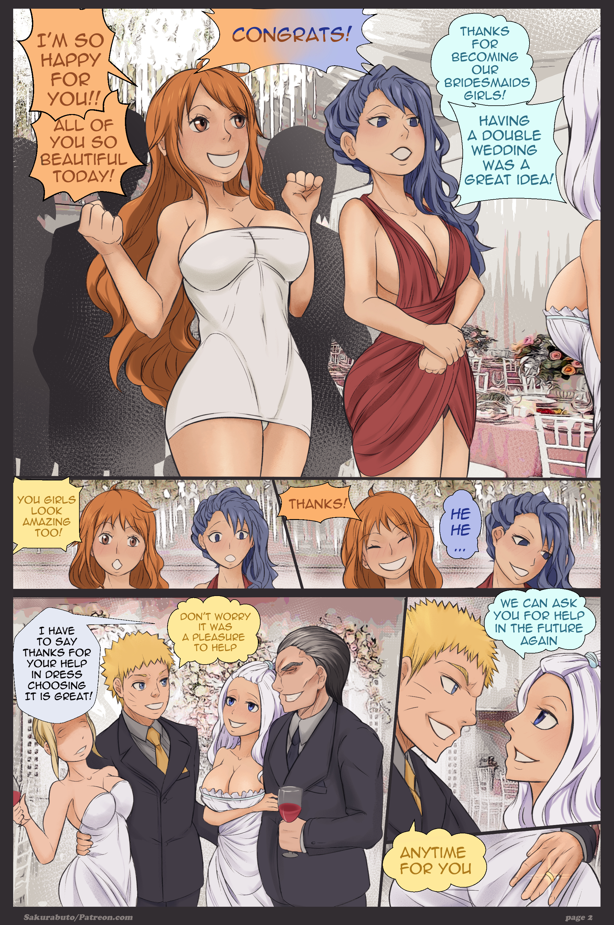4girls, blonde hair, blonde-haired male, blue hair, blue-haired female, cheating, comic, comic page, crossover, english text, fairy tail, female, human, juvia lockser, male, mirajane strauss, multiple females, multiple girls, nami (one piece), naruto, naruto (series), one piece, orange hair, orange-haired female, page 2, page number, post-timeskip, sakurabuto, suit, text, uzumaki naruto, wedding dress, wedding ring, white hair, white-haired female