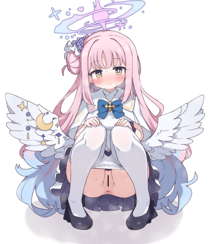 1girls, aku0, angel wings, anus, bar censor, blue archive, blue bow, blue bowtie, blue hair, blush, bow, bowtie, capelet, censored, dress, female, hair bun, halo, highres, long hair, mika (blue archive), multicolored hair, pantyhose, pantyhose pull, pink hair, pink halo, pussy, simple background, solo, squatting, sweat, white background, white capelet, white dress, white pantyhose, wings, yellow eyes