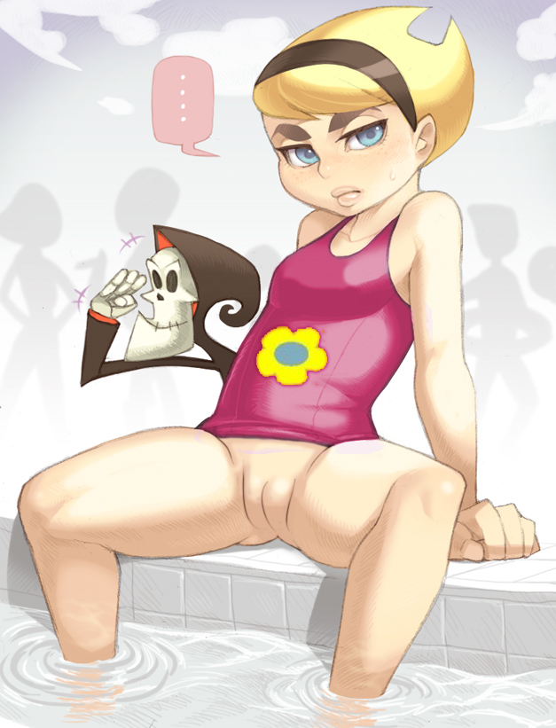 1boy 1girls blonde_hair blue_eyes bottomless cartoon_network edit female grim half-closed_eyes human innie_pussy looking_at_viewer mandy mandy_(billy_and_mandy) maou_alba pussy short_hair small_breasts spread_legs sweatdrop the_grim_adventures_of_billy_and_mandy thick_eyebrows young