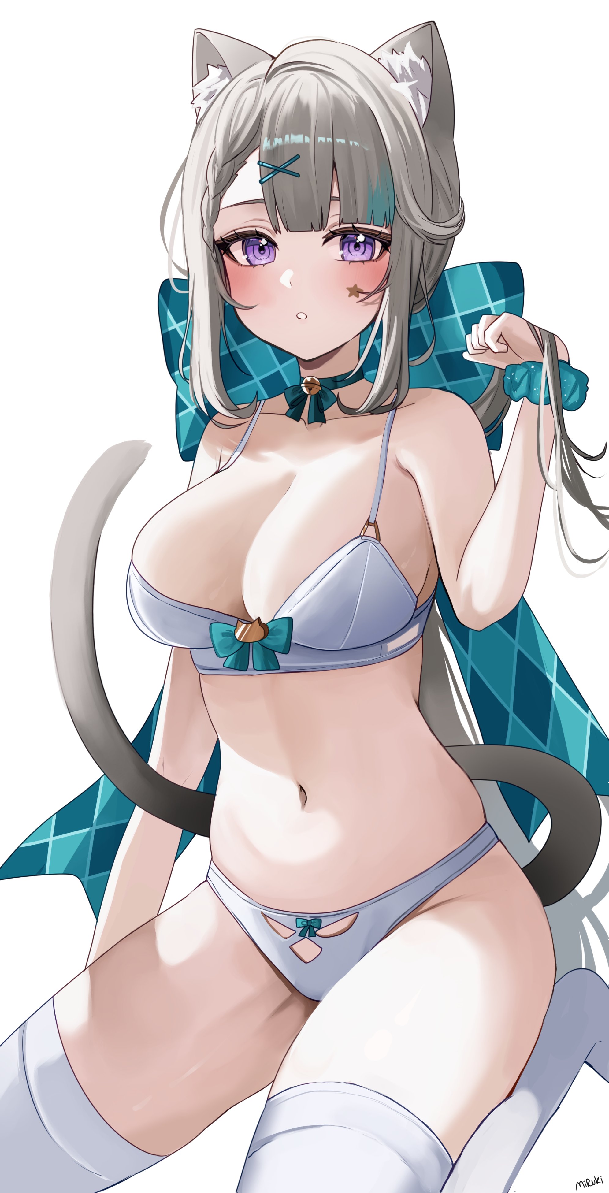 1girls, 2d, 2d (artwork), animal ears, animal tail, artist request, belly button, blush, bra, cat ears, cat girl, cat tail, catgirl, cleavage, female, female focus, female only, genshin impact, grey hair, high resolution, highres, hourglass figure, light skin, light-skinned female, long hair, looking at viewer, lynette (genshin impact), navel, purple eyes, revealing clothes, ribbons, simple background, solo, solo female, solo focus, thighhighs, underwear, white background, young, younger female
