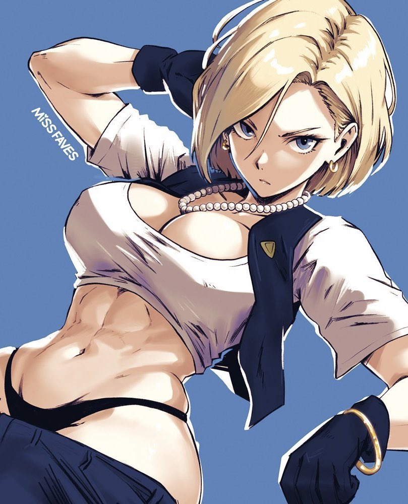 1girls abs alternate_version_available android_18 artist_name big_breasts blonde_hair blue_eyes bracelet busty cleavage curvy dragon_ball dragon_ball_z earrings exposed_midriff light-skinned_female light_skin missfaves muscular muscular_abs muscular_female panties pearl_necklace small_waist