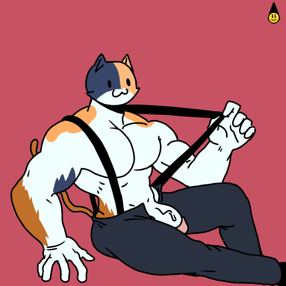 1animal 1anthro 1boy anthro fortnite funnycultist_(artist) furry male_focus male_only meowscles meowscles_(fortnite) muscles muscular_anthro penis penis_out shirtless shirtless_male suspenders topless_male