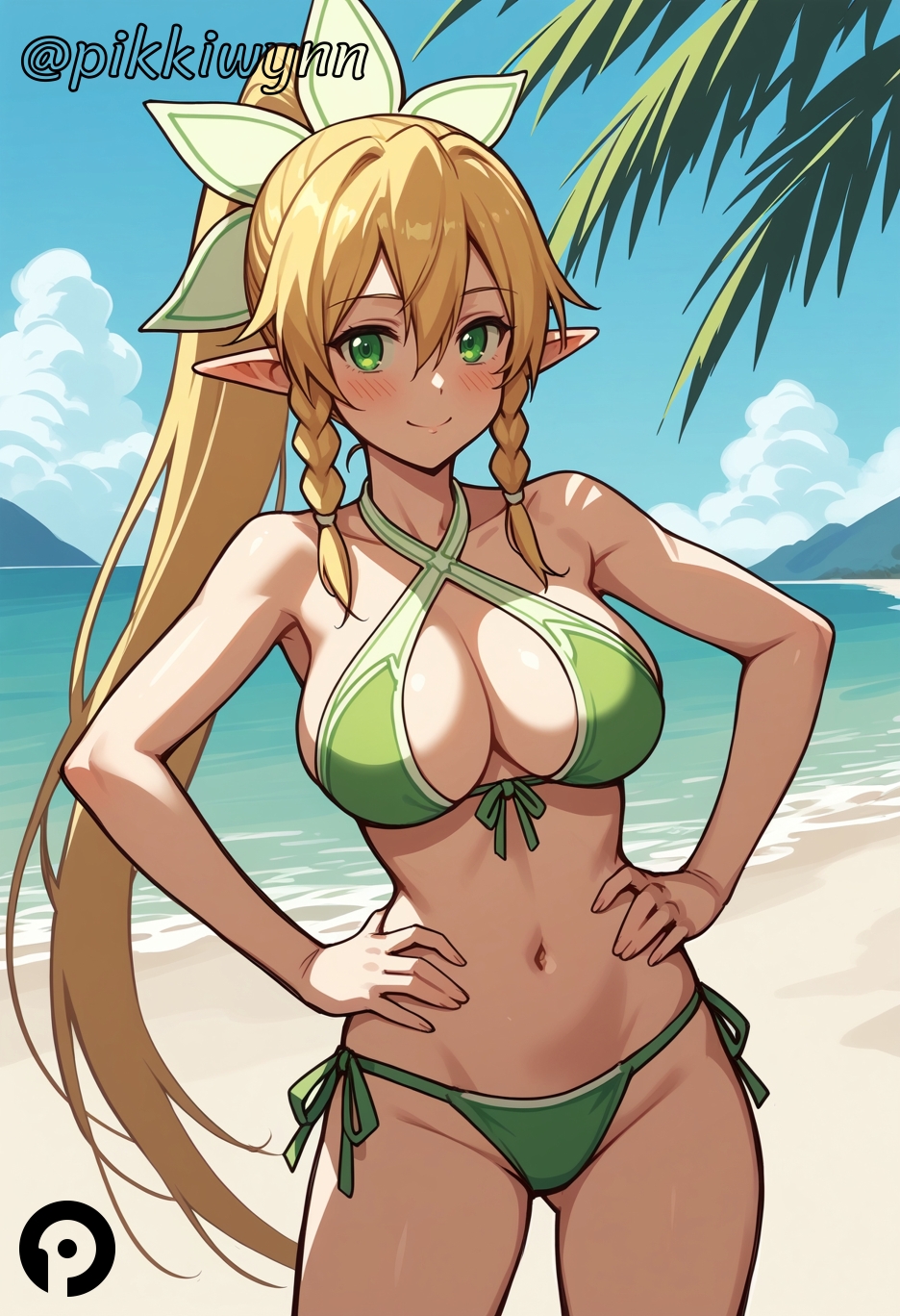 ai_generated ass_visible_through_thighs bangs bare_arms bare_shoulders beach bikini blonde_hair blue_sky blush braid breasts cleavage closed_mouth cloud collarbone cowboy_shot day elf female front-tie_bikini_top front-tie_top green_bikini green_eyes hair_between_eyes halterneck hands_on_hips kirigaya_suguha large_breasts leafa long_hair looking_at_viewer navel ocean outdoors pikkiwynn pointy_ears ponytail side-tie_bikini_bottom side_braid side_braids sky smile solo standing stomach swimsuit sword_art_online thighs twin_braids very_long_hair