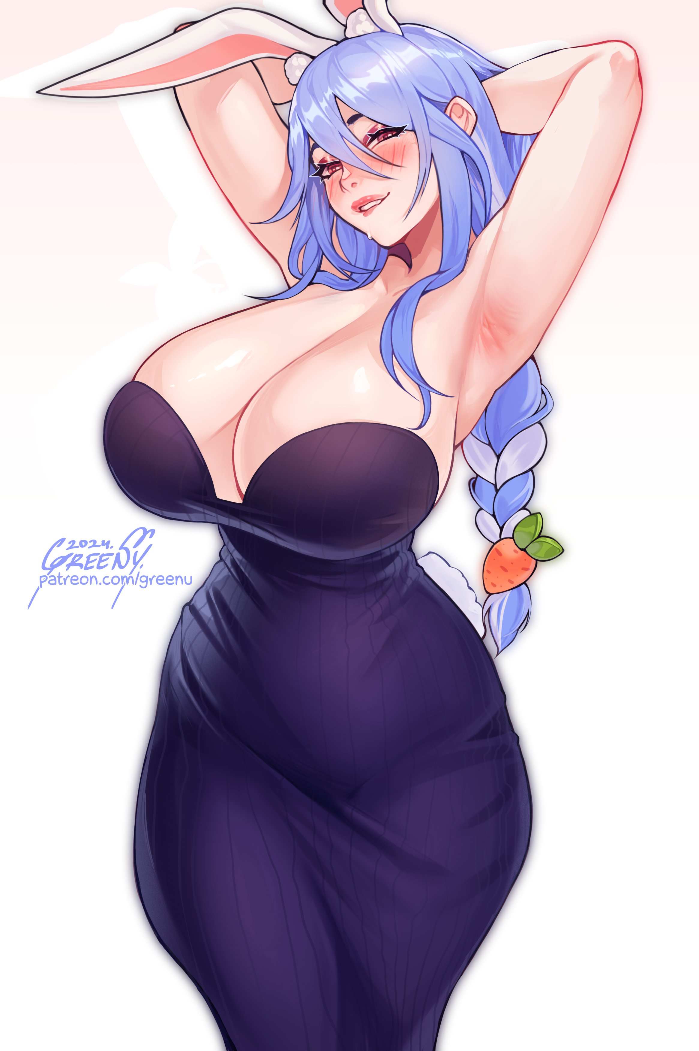 1girls, blue hair, breasts, female, greenu, hi res, hololive, hololive japan, huge breasts, long hair, mature female, milf, mother, naughty face, pekomama, rabbit ears, virtual youtuber