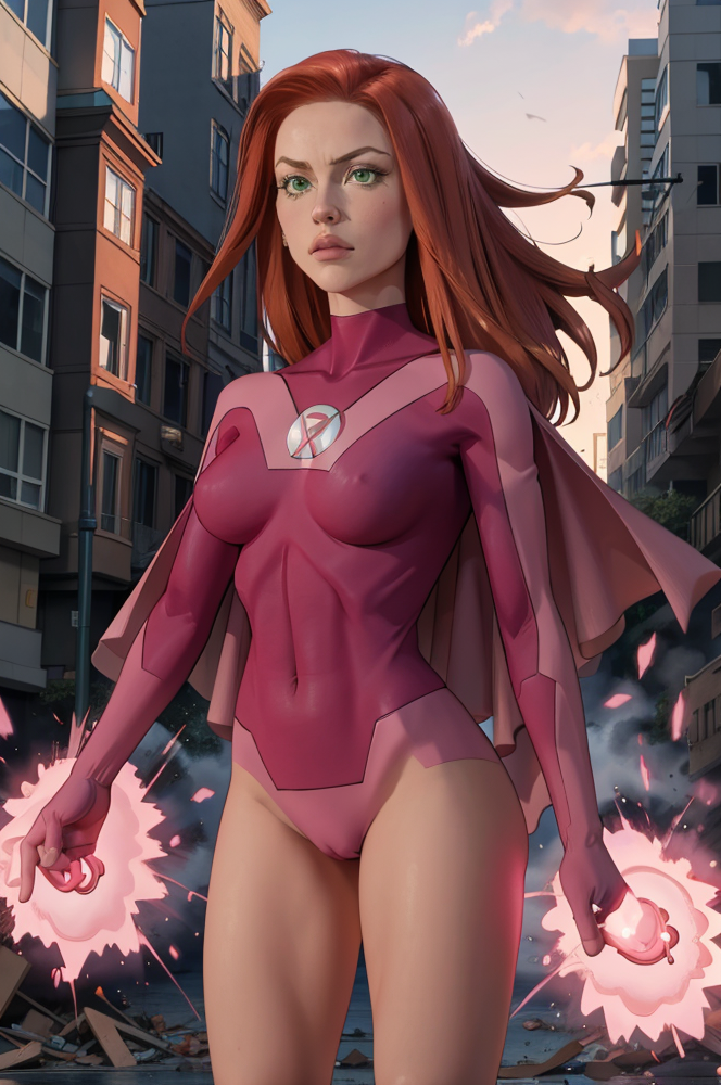 1girls ai_generated atom_eve bandisai female_only green_eyes image_comics invincible invincible_(tv_series) pink_bodysuit red_hair samantha_eve_wilkins stable_diffusion superheroine