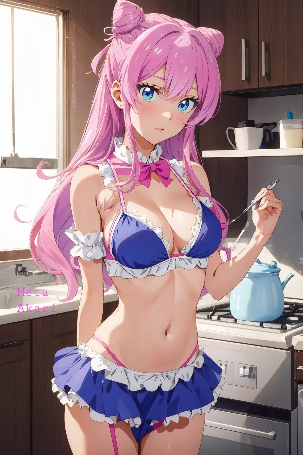 ai_generated blue_eyes blush fuufu_ijou_koibito_miman kitchen lingerie maid maid_uniform pink_hair sultry watanabe_akari