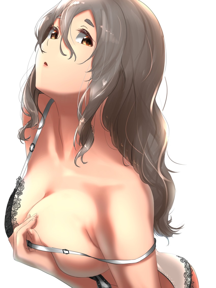 ass blush breasts brown_eyes female grey_hair hair_between_eyes highres kantai_collection large_breasts lingerie long_hair looking_at_viewer open_mouth pola_(kantai_collection) satin satin_bra satin_panties short_eyebrows simple_background solo tama_(seiga46239239) thick_eyebrows two-tone_bra two-tone_panties underwear wavy_hair white_background