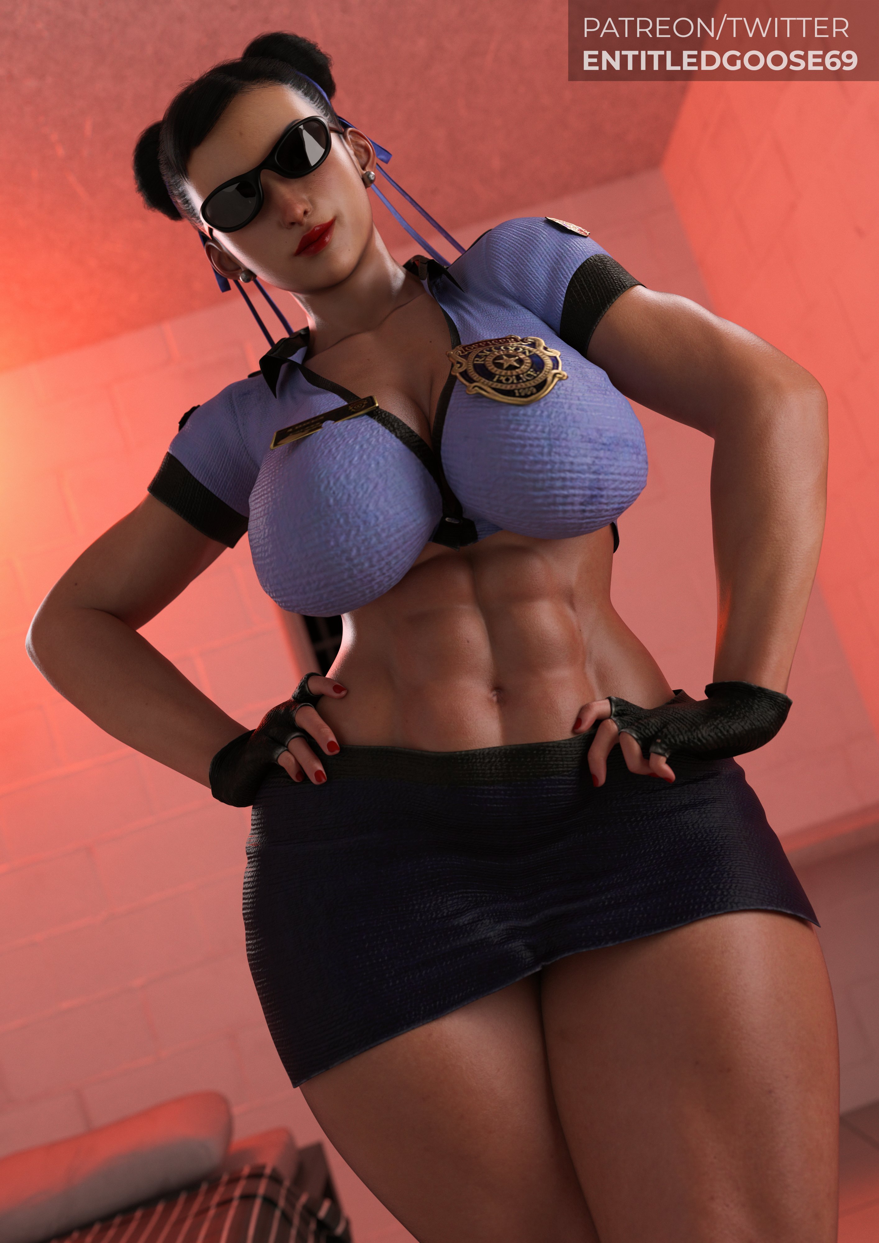 1girls, 3d, 3d (artwork), abs, asian, asian female, athletic, athletic female, big breasts, breasts, brown eyes, brown hair, chun-li, cleavage, cop, dark hair, entitledgoose, female, female only, mature female, milf, police, police uniform, policewoman, skirt, smile, smiling, smiling at viewer, solo, street fighter, street fighter 6, thick thighs, wide hips