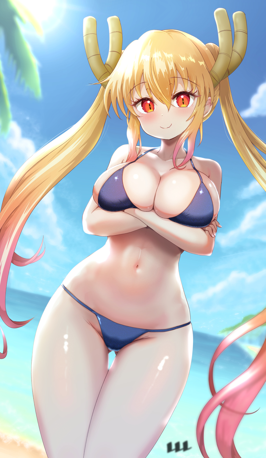 1girls arms_under_breasts big_breasts bikini blonde_hair blush cleavage detailed_background dragon_girl dragon_humanoid female female_only front_view fully_clothed horns large_breasts long_hair miss_kobayashi's_dragon_maid outdoors ozrereresan revealing_clothes shiny_skin skimpy_clothes smile solo swimsuit thigh_gap tohru_(dragon_maid) twintails very_long_hair wide_hips