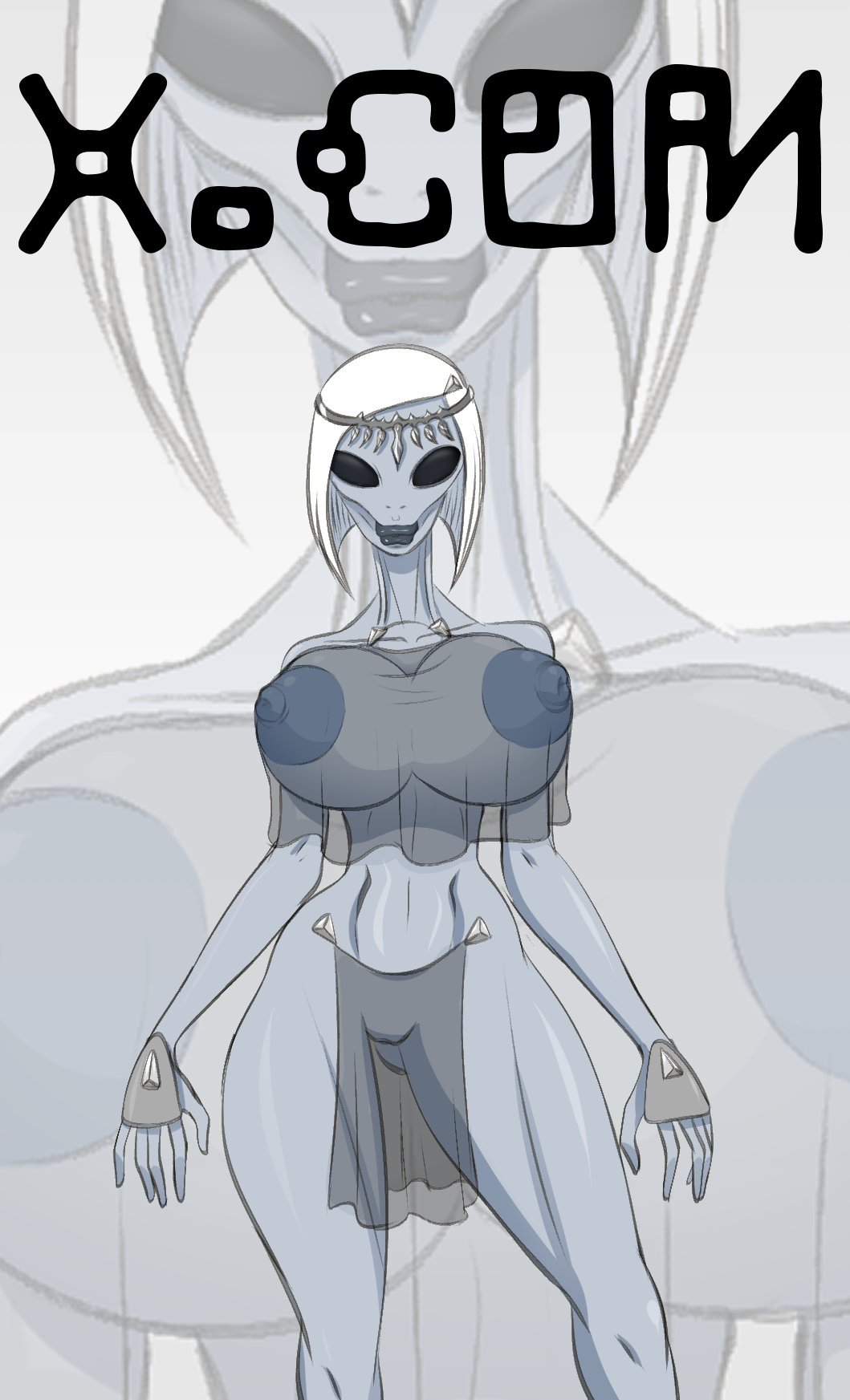 alien alien_girl areolae bimbo black_eyes breasts curvy diklonius gray_skin huge_breasts lips lipstick nipples round_breasts sectoid short_hair thick_thighs transparent_clothing twitter voluptuous wide_hips x-com