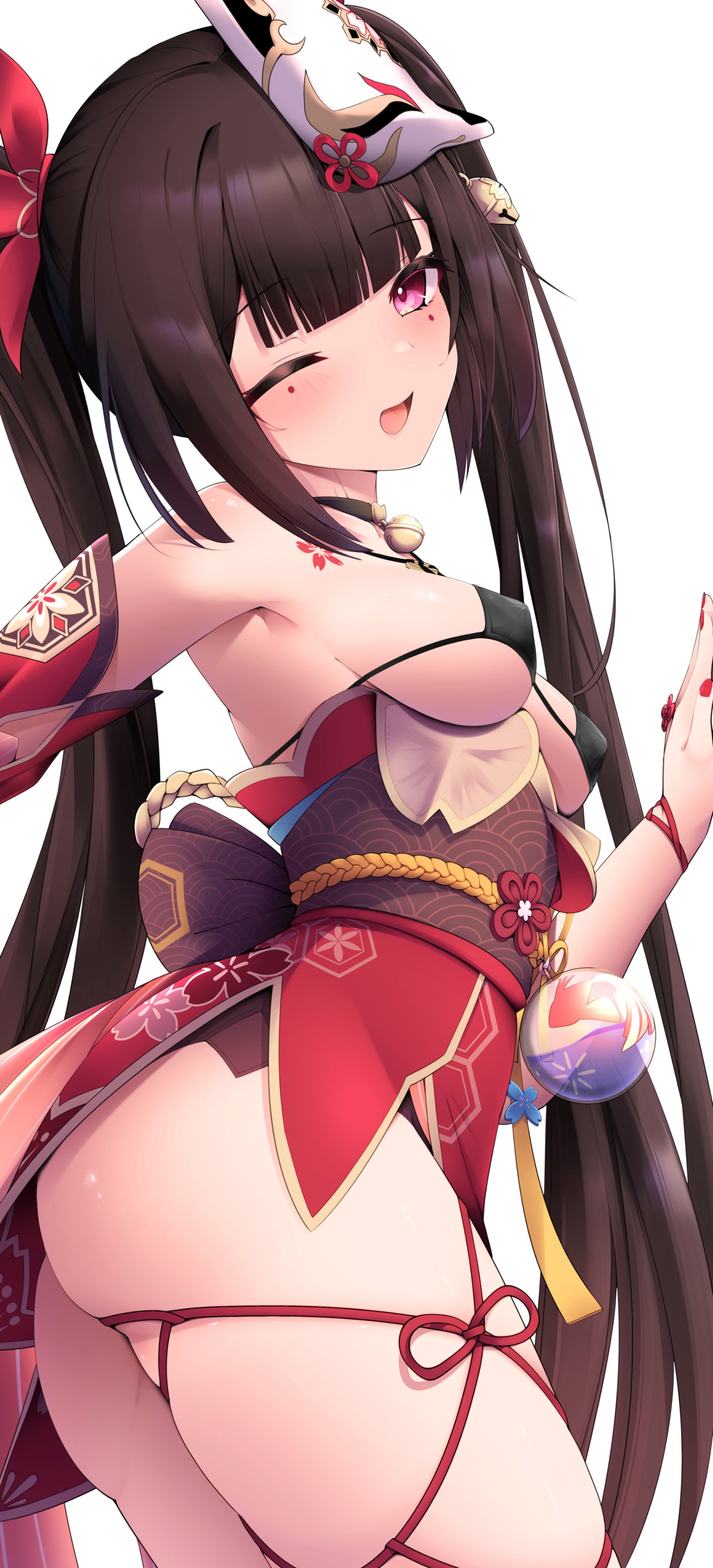 1girls, 2d, 2d (artwork), breasts, brown hair, covered nipples, female, female focus, female only, fox mask, high resolution, highres, honkai (series), honkai: star rail, light skin, light-skinned female, long hair, looking at viewer, mask, mask on head, medium breasts, one eye closed, pigtails, pink eyes, red nails, side view, simple background, smiling, smiling at viewer, solo, solo female, solo focus, sparkle (honkai: star rail), standing, tetori (tetolisto), white background, young, younger female