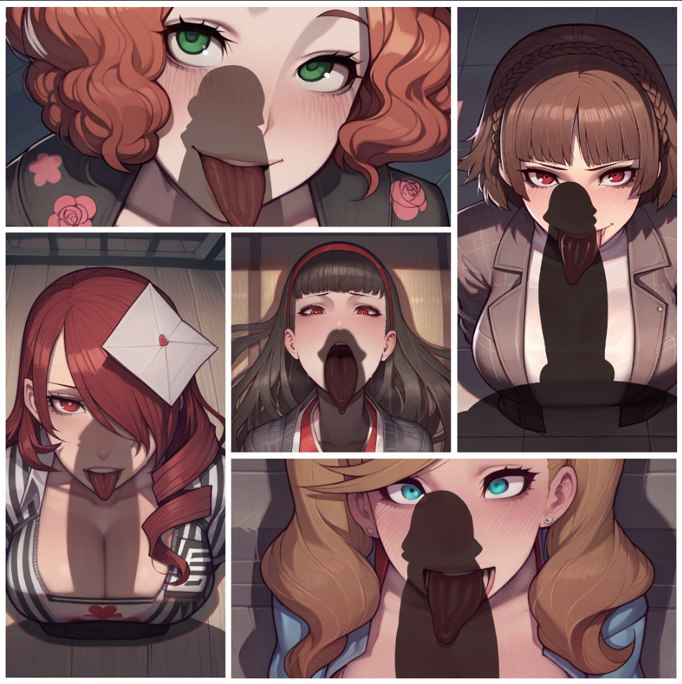 ahe_gao ai_generated amagi_yukiko ann_takamaki asura_(ai_style) atlus big_penis breasts cleavage dark-skinned_male dark_skin edit female female_focus female_only haru_okumura huge_cock makoto_niijima mitsuru_kirijo multiple_boys multiple_girls multiple_penises multiple_views open_mouth penis_awe penis_shadow persona persona_3 persona_4 persona_5 saliva silhouette split_screen tongue tongue_out wanuze