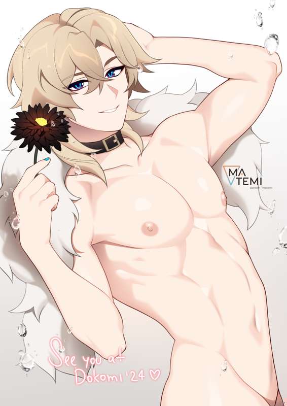 1boy artist_name aventurine_(honkai:_star_rail) blonde_hair collar cute flower honkai:_star_rail male_only male_with_painted_nails matemi multicolored_eyes nude_male source_request tagme toned_male twink