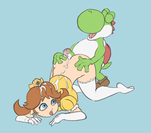 ass beige_skin blue_background blue_eyes brown_hair buttjob clothes crown cum cum_on_body female green_skin hair huge_cock human humanoid icy-cool interspecies male mario_(series) nintendo open_eyes orgasm penis princess_daisy short_hair straight white_skin yoshi