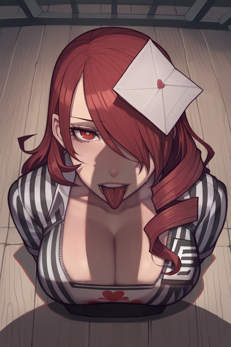 ahe_gao ai_generated asura_(ai_style) atlus big_penis breasts cleavage female female_focus female_only hair_over_one_eye huge_cock love_letter mitsuru_kirijo open_mouth penis_awe penis_shadow persona persona_3 red_eyes red_hair saliva silhouette tongue tongue_out wanuze